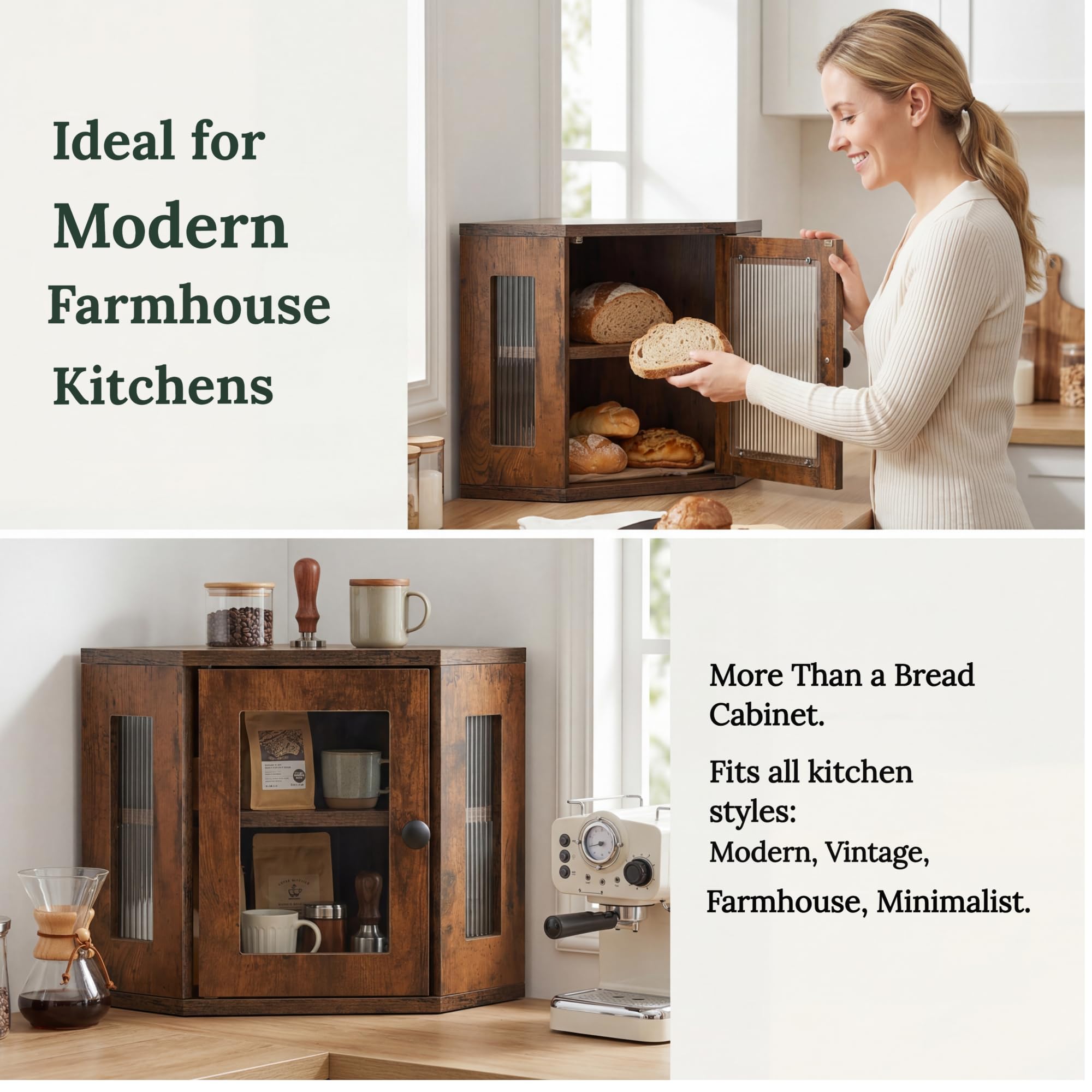 Portapane Angolare 32x32x35cm, Mobile Contenitore Cucina con Mensola Regolabile, Porta Acrilica Trasparente, Finitura Effetto Legno, Risparmio Spazio, Design Rustico Moderno