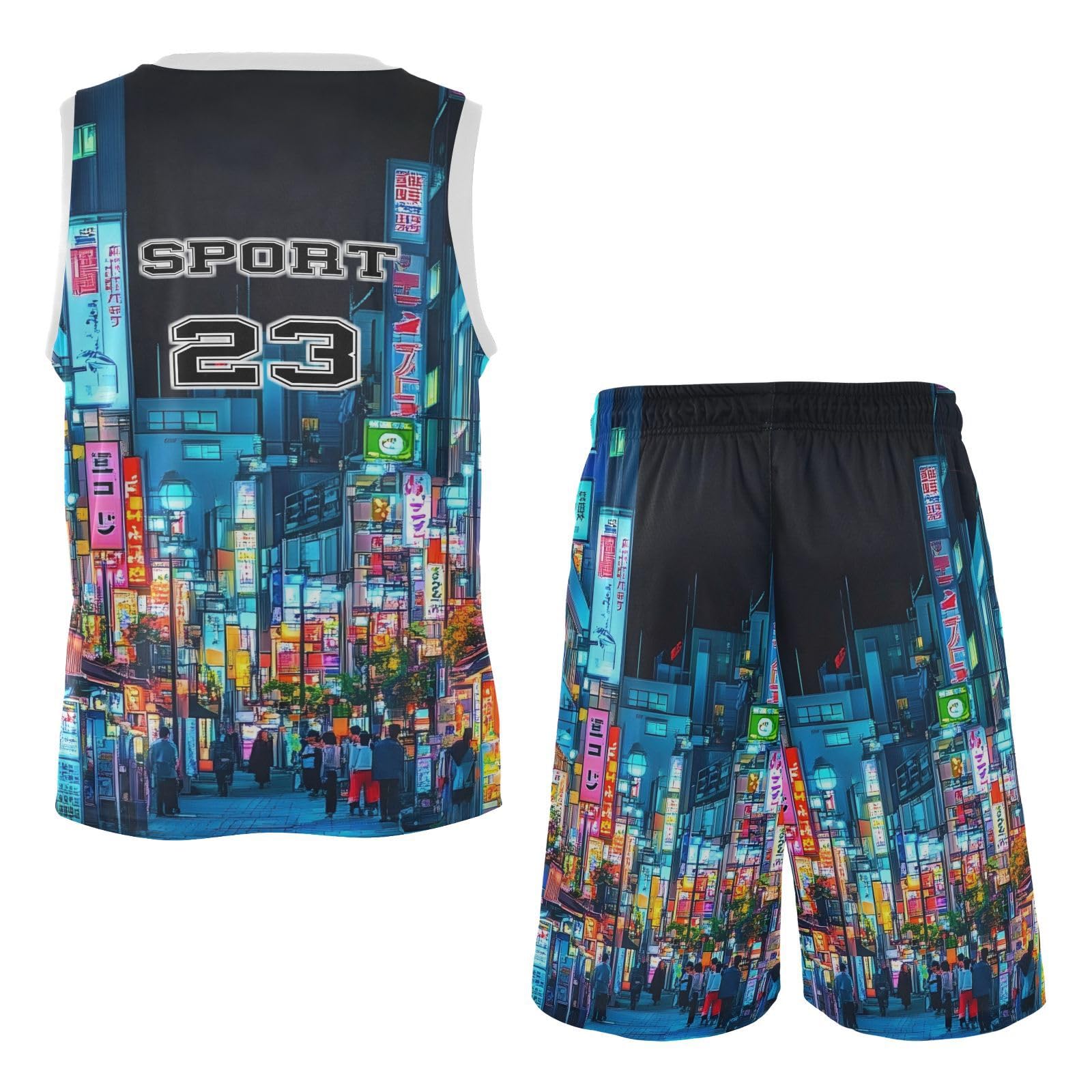 FLildon Japanese Neon Punk Futuristic City Boys Basketball Jersey Set Tank Top Shorts Tracksuit Sport Training Suit for Kids