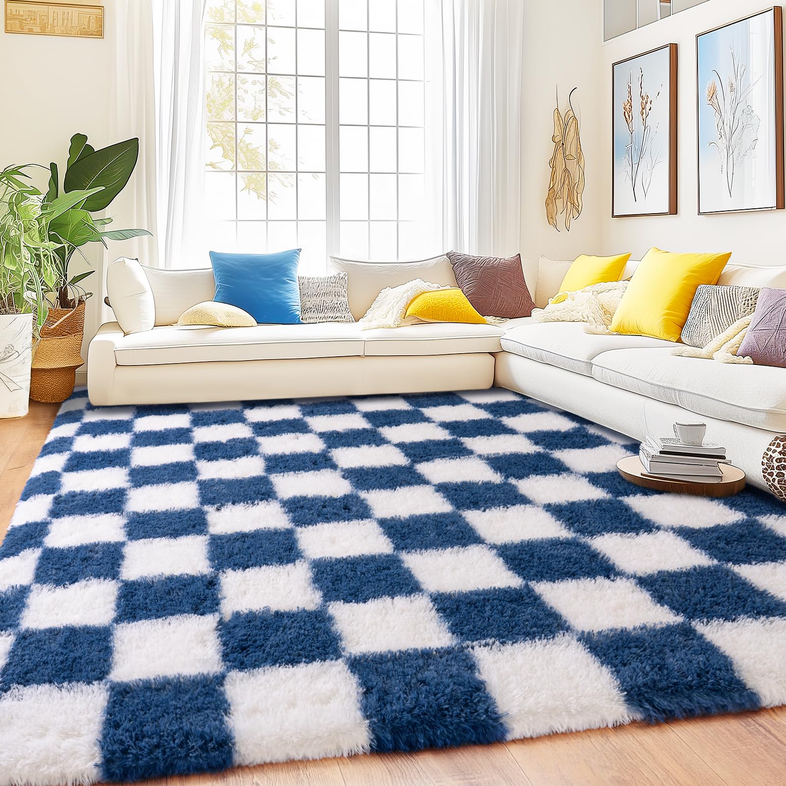 Quntue Checkered Rug 9x12 for Living Room, Ultra Fluffy Fuzzy Shag Large Area Rug for Bedroom, Modern Plush Soft Upgrade Non-Slip Carpet for Kids Girls and Boys Room Dorm Home Decor, Navy and White — image 1