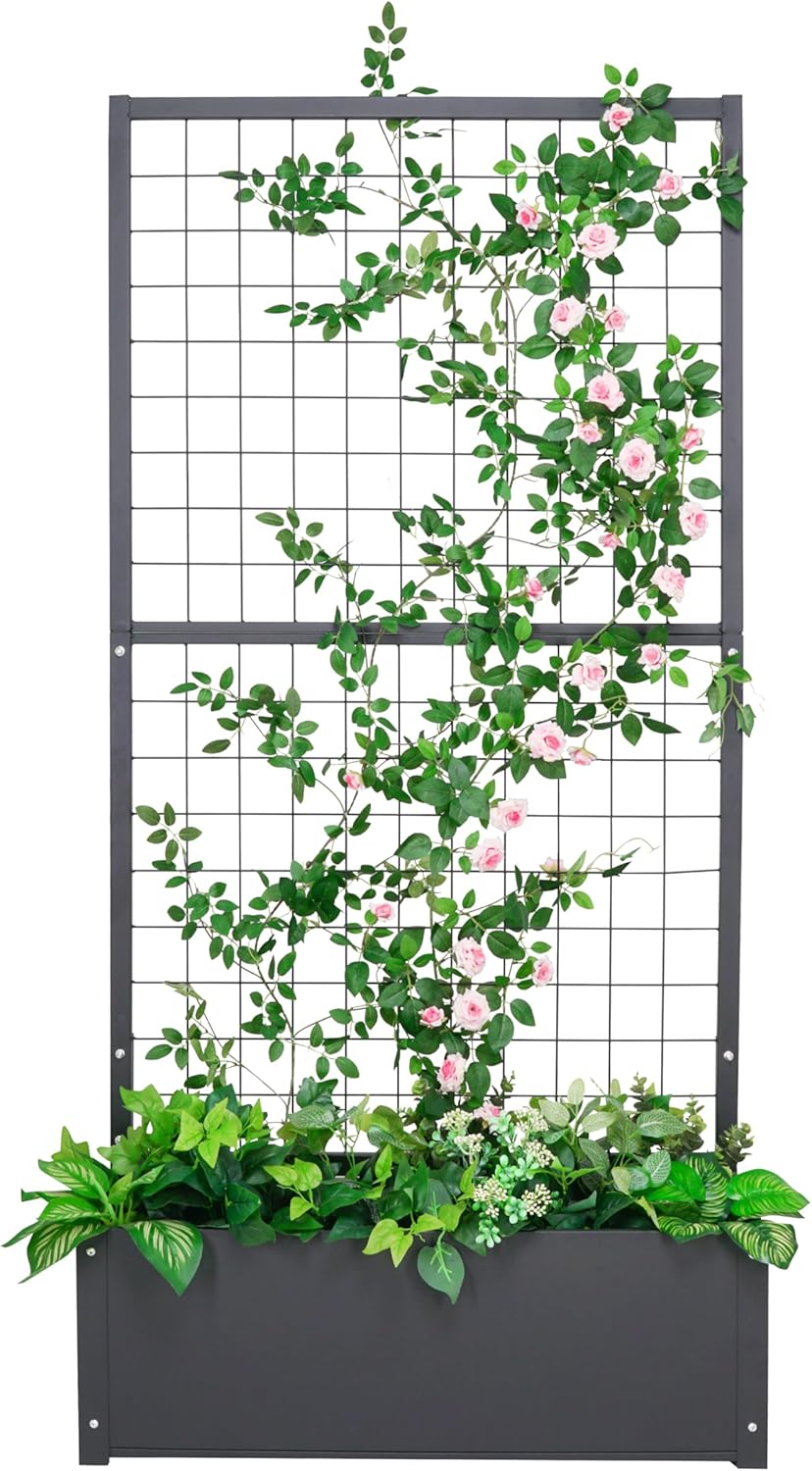 Metal Planter with Trellis Raised Garden beds Outdoor (35.5" L*12" W*71" H) inch Planter Box with Trellis&Privacy Screen for Climbing Plants, Vegetables, Vines