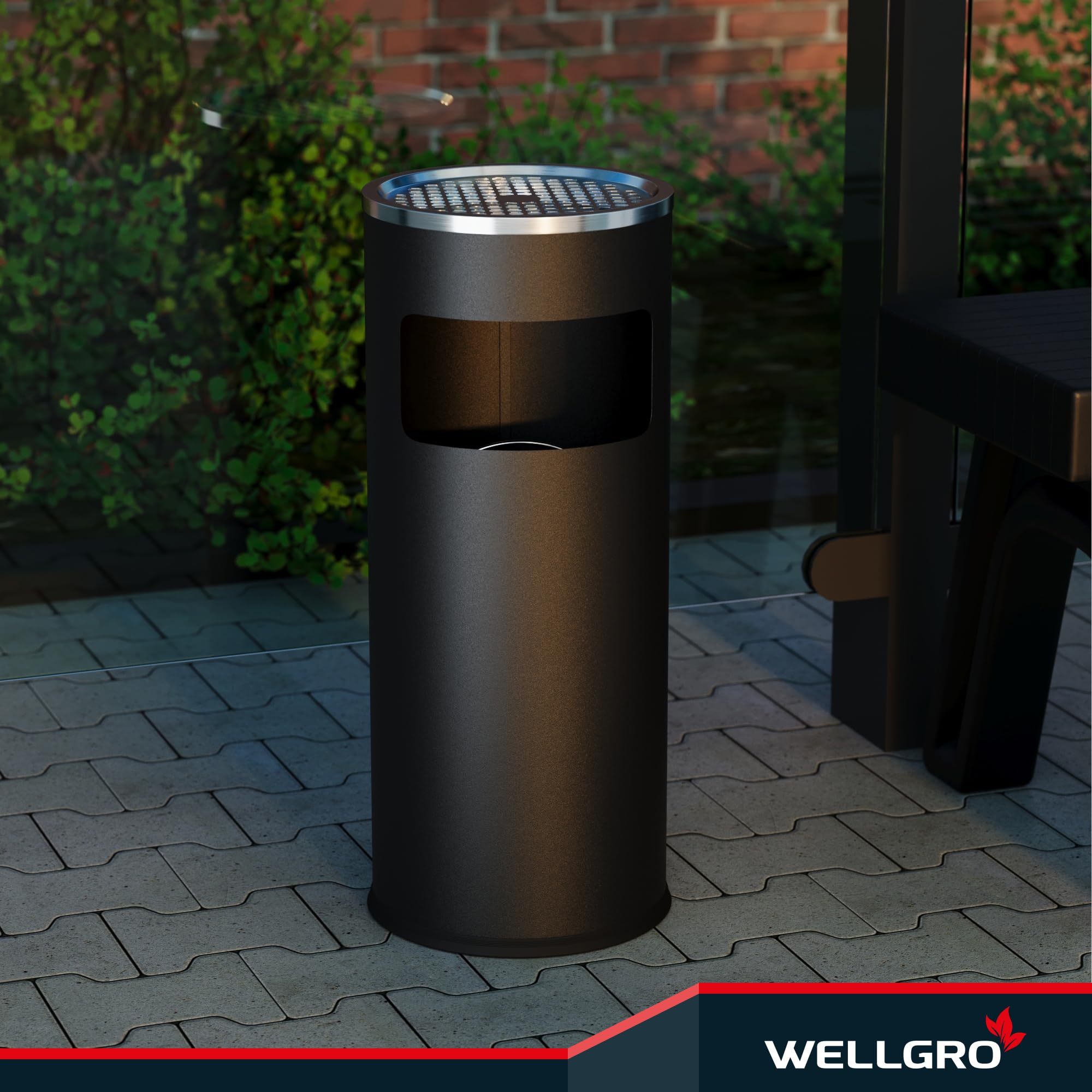 WELLGRO 2 in 1 Standaschenbecher Edelstahl für draußen – Wetterfester Standascher schwarz mit Mülleimer & Abfalleimer, großer Aschenbecher für Außenbereich, Terrasse, Eingang & Gewerbe