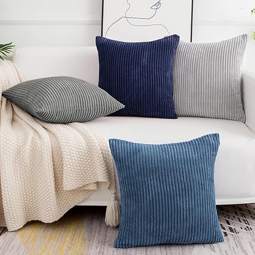 Softalker Juego de 4 fundas de almohada de pana suave a rayas sólidas, 18 x 18 pulgadas, decoración moderna para sofá, dormitorio, sala de estar