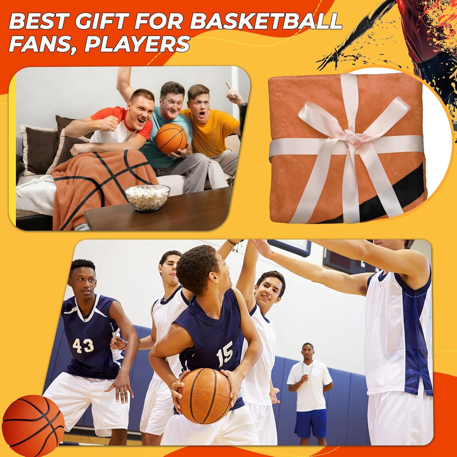 60" Round Sports Throw Blanket for Teens Adults Soft Flannel Baseball Softball Tennis Soccer Baseketball Volleyball Novelty Blanket for Sports Fan Birthday Senior Night Gift(Basketball) - Image 6