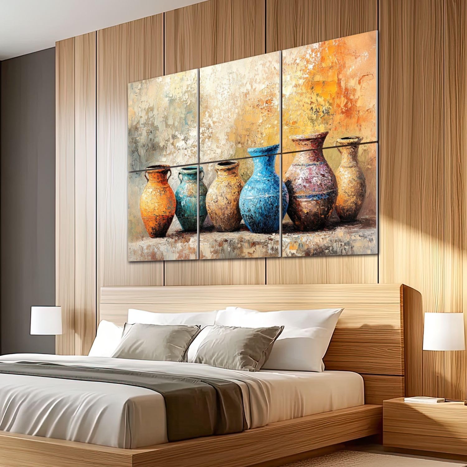 6 Pack Art Acoustic Panels Sound Absorbing Pottery Still Life Vases Earth Tones Bright Blue Orange Hues Abstract Decorative Soundproof Wall Panels Self Adhesive for Recording Studios Office 72"x48"