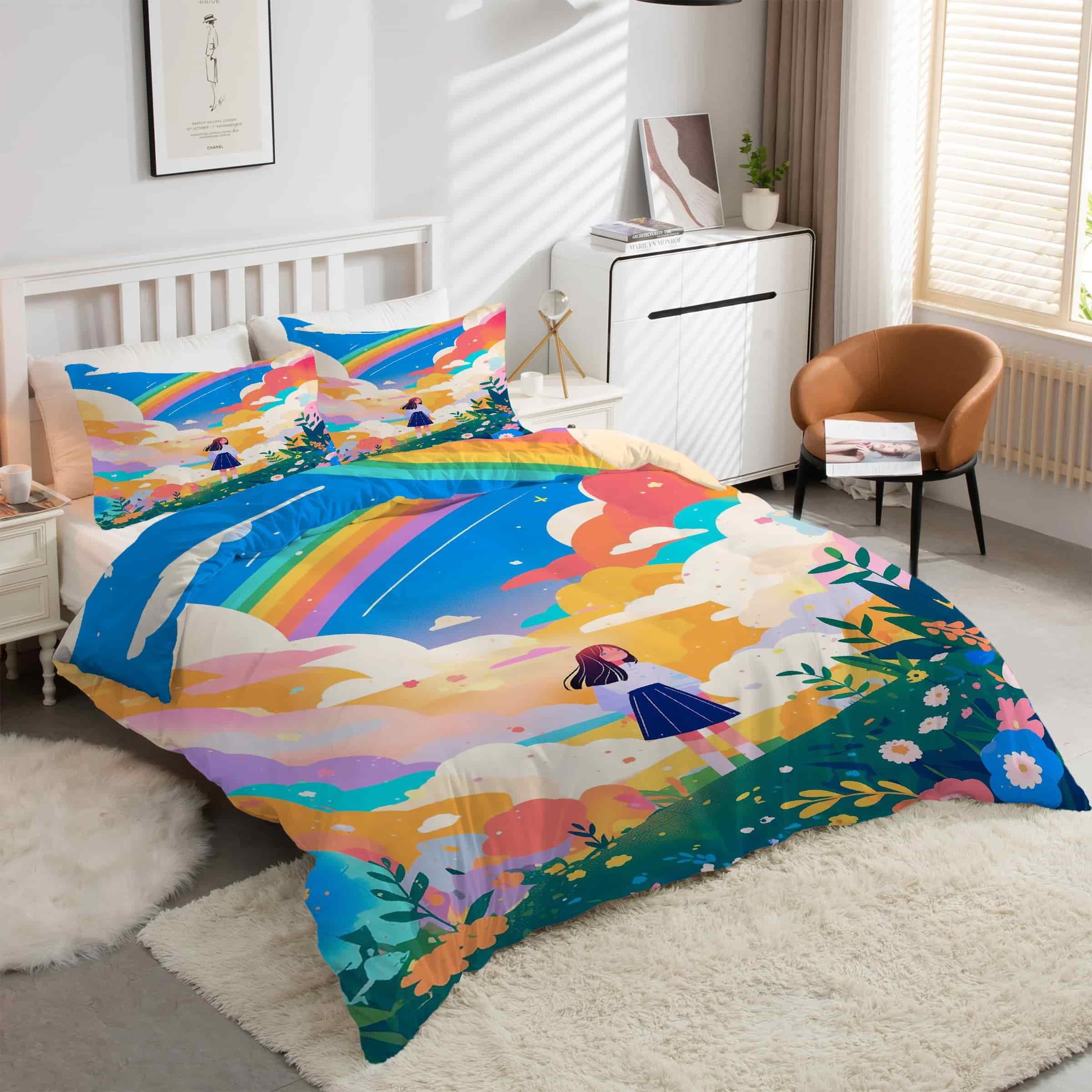 Housse de couette 220x240 arc-en-ciel avec 2 taies d'oreiller assorties en microfibre douce