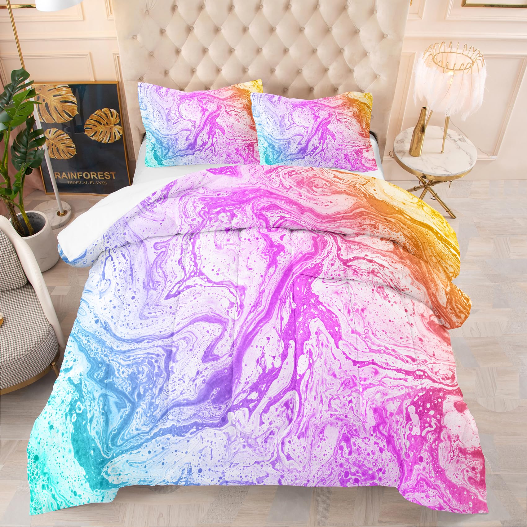 Tailor Shop Marble Bedding Set Queen Size,Marble Girls Comforter Sets Pink Tie Dye Comforter Sets Watercolor Artwork Design,with 1 Comforter 1 Pillowcases