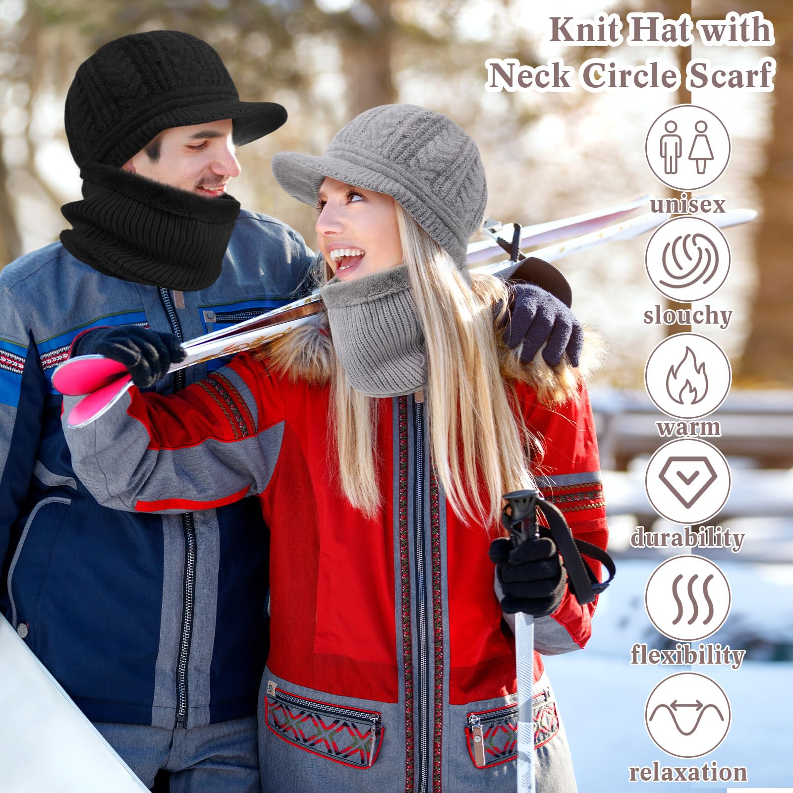 Hicarer 4 Set Damen Mütze Schal Set Winter Warme Mütze Strickmütze mit Hals Kreis Schal Ski Schnee Hüte Warmfutter Slouchy Weich Halswärmer Solide Unisex für kaltes Wetter Outdoor Sport Skifahren