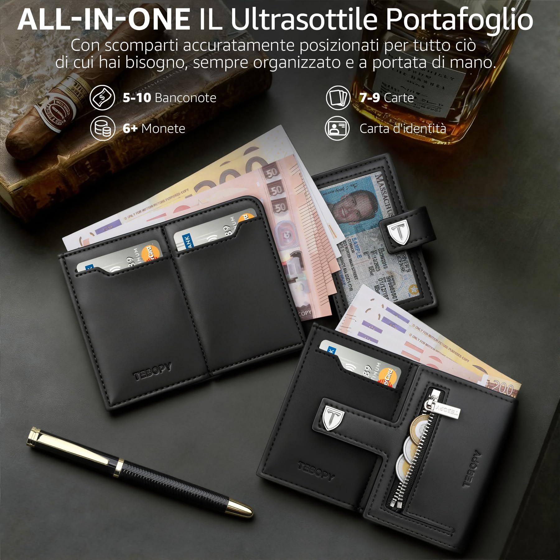 portafoglio uomo slim con portamonete - portacarte uomo da 10 carte