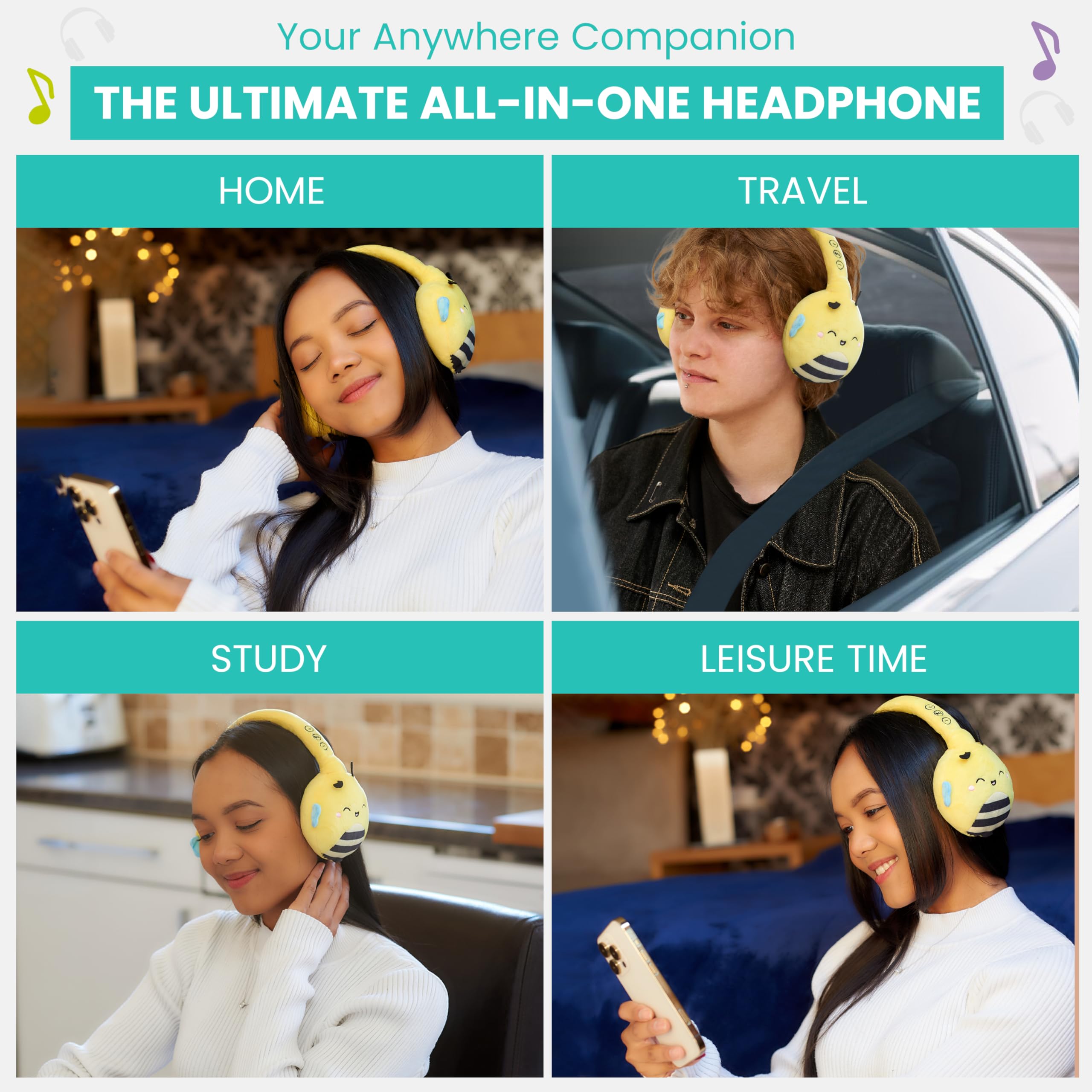 Squishmallows Sunny The Bee - Auriculares Bluetooth de felpa con micrófono integrado para hacer y recibir llamadas. Rango Bluetooth de 10 metros, control de volumen, almohadillas de felpa suave con