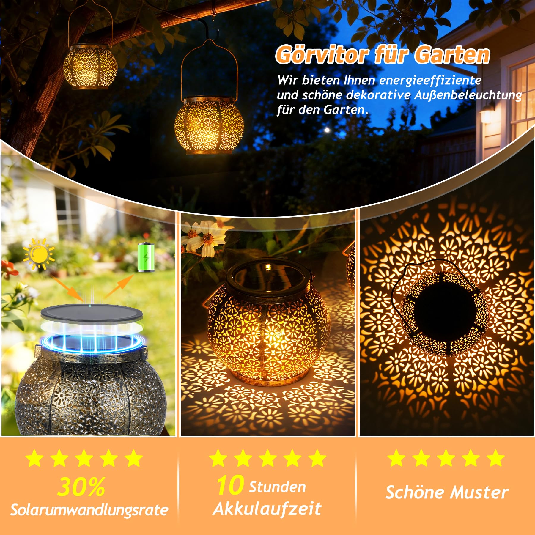 Görvitor 4 Stück Solarlampen für Außen Hängend, IP65 Wasserdicht Solarlaterne für Außen mit Blumenmuster, Metall Solar Laterne Outdoor für Draußen Garten Hof als Gartengeschenke Weihnachtsgeschenke