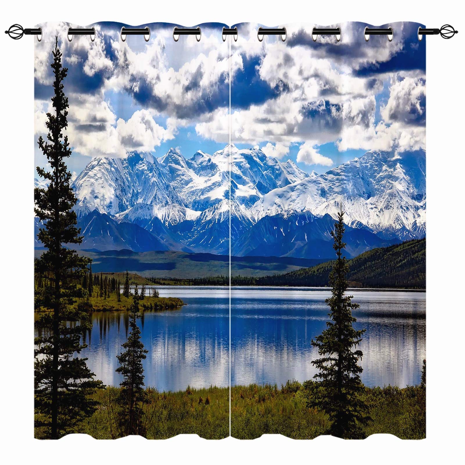 YUANZU Nature Curtains - Spring Alaska Woodland Trees Snow Mountain Lake Landscape Scenery Print Eyelet Room Darkening Blackout Window Drapes for Bedroom Living Room 2 Panels Set W168cm x D183cm
