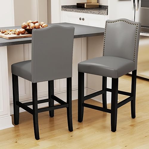 Juego de 2 taburetes de bar de altura de mostrador, taburete de bar de 24 pulgadas para encimera de cocina, taburete tapizado de piel sintética con