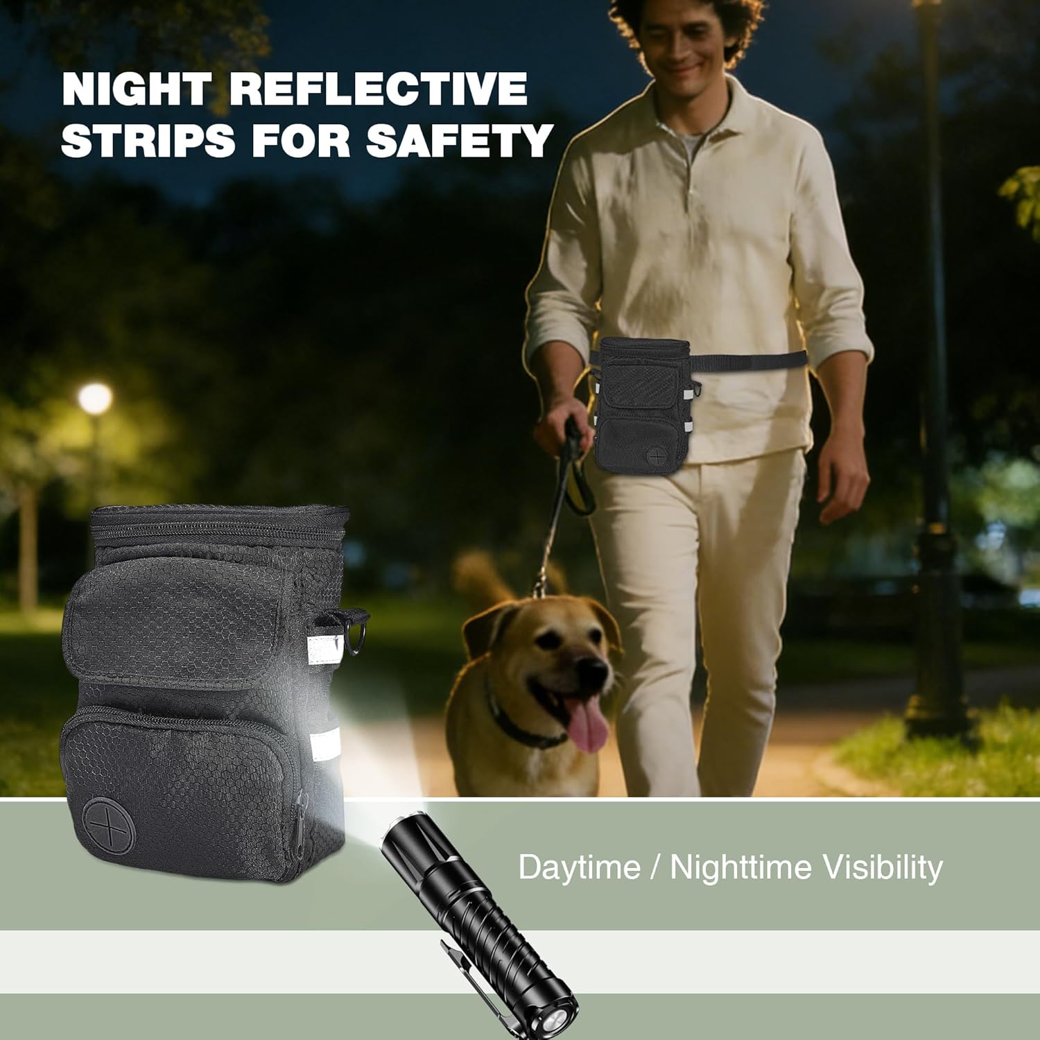 Dog Training Treat Pouch with Water Bottle Holder, 1100ml Large Treat Bag, Waist Belt Fanny Pack & Crossbody Snack Pouch, Phone Pocket + Poop Bag Dispenser, Water-Resistant 210D Oxford, Reflective