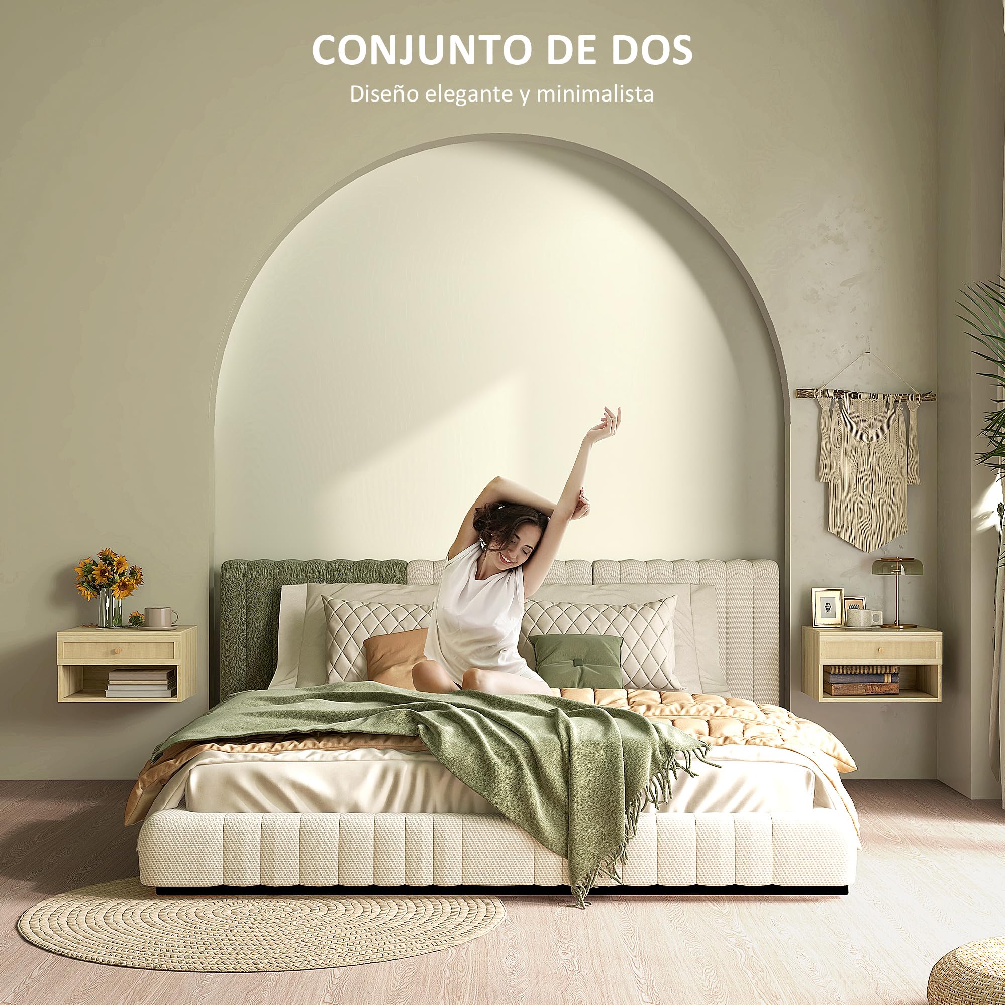 HOMCOM Juego de 2 Mesitas de Noche Flotantes de Pared 40x34x23 cm Natural | con Cajón de Ratán y Estante Abierto, Mesillas de Noche Dormitorio, Estilo Nórdico, para Sala de Estar