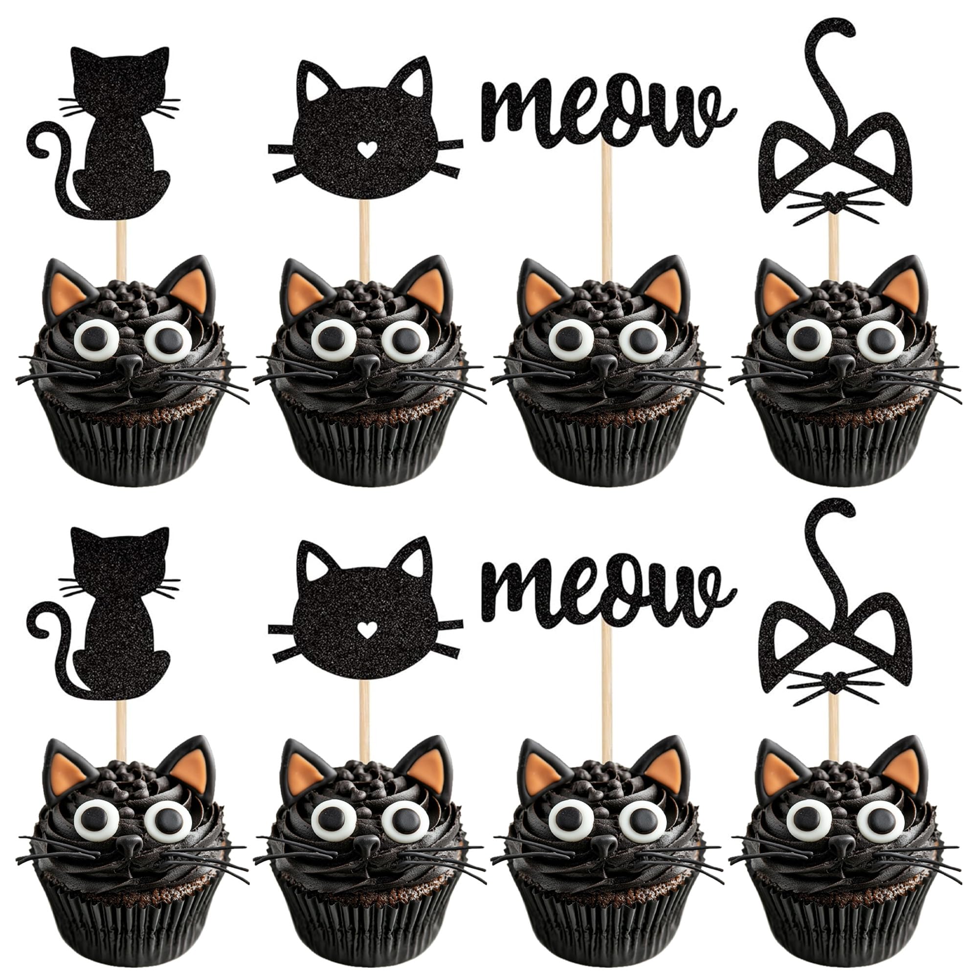 24 Pack Cat and Meow Cupcake Toppers Black Glitter Kitten Cat Cupcake Food Picks Cat Lover Kitten Theme Baby Shower Kids Birthday Wedding Party Cake