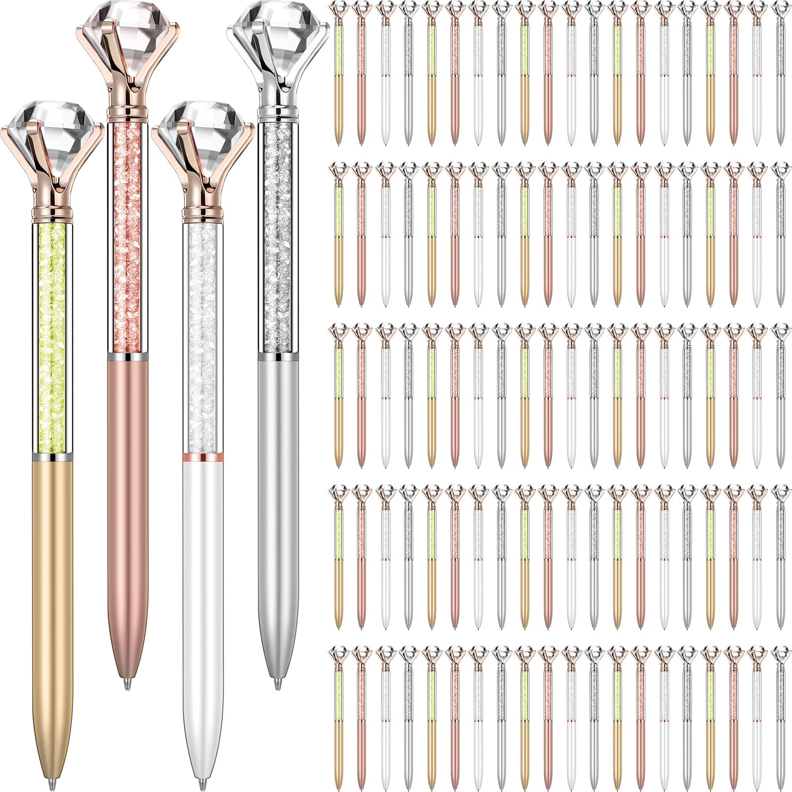 Sherr 100 sztuk dużych kryształowych długopisów diamentowych, urocze długopisy kulkowe, chowane, kryształy, błyszczące, platerowane, 4 kolory, czarny atrament żelowy, artykuły biurowe, prezenty dla