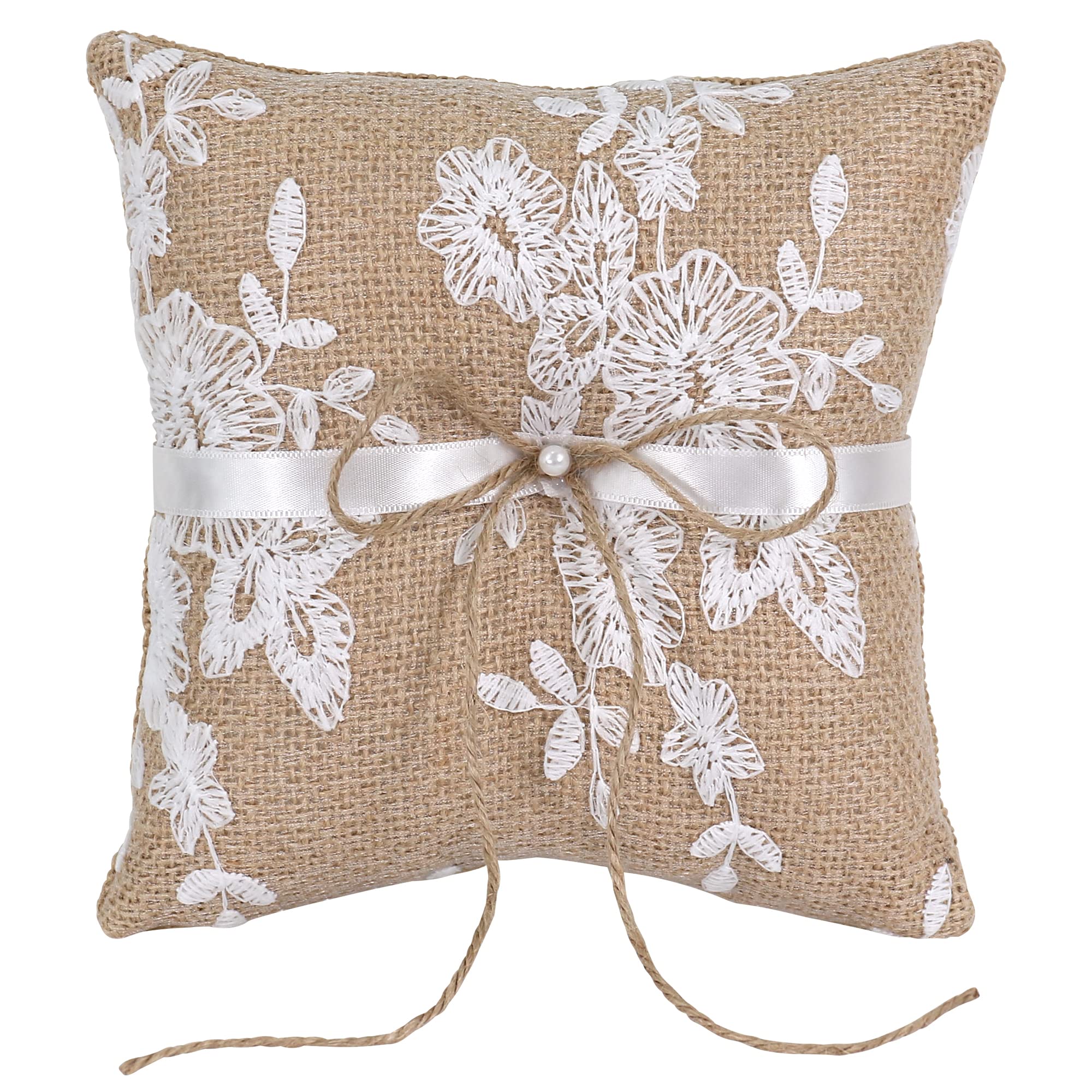 Burlap 7.08*7.08 Inch Ring Bearer Pillows Lace Bow Flower Embroiled Vintage Rustic Country Cushion Pearl Linen Ribbon Ring Bearer Pillows for Wedding Ceremony