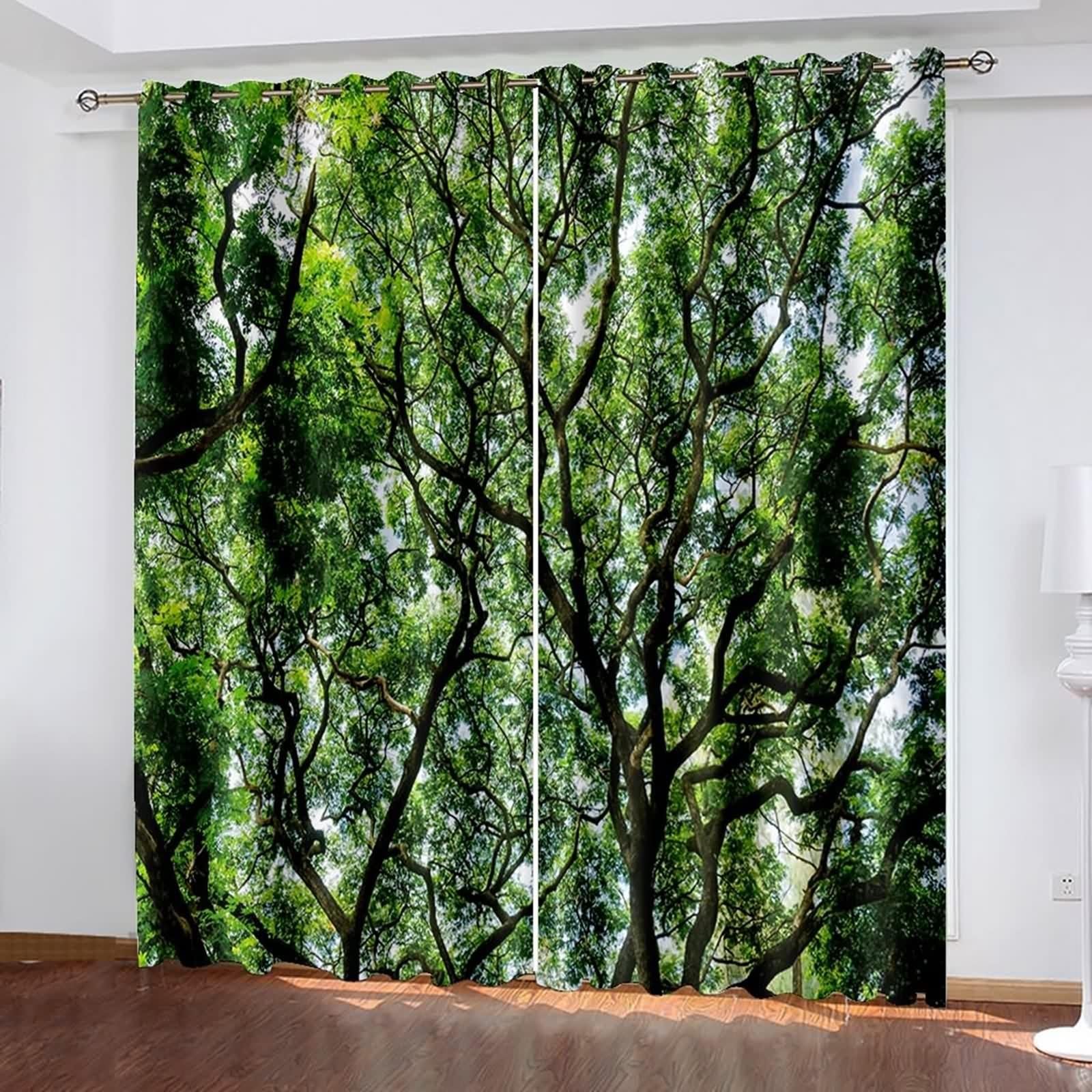 Rideau Cuisine Fenetre, Rideau Vert Anniversaire Polyester Paysages D'Arbres 107L x 160H CM Lot de 2