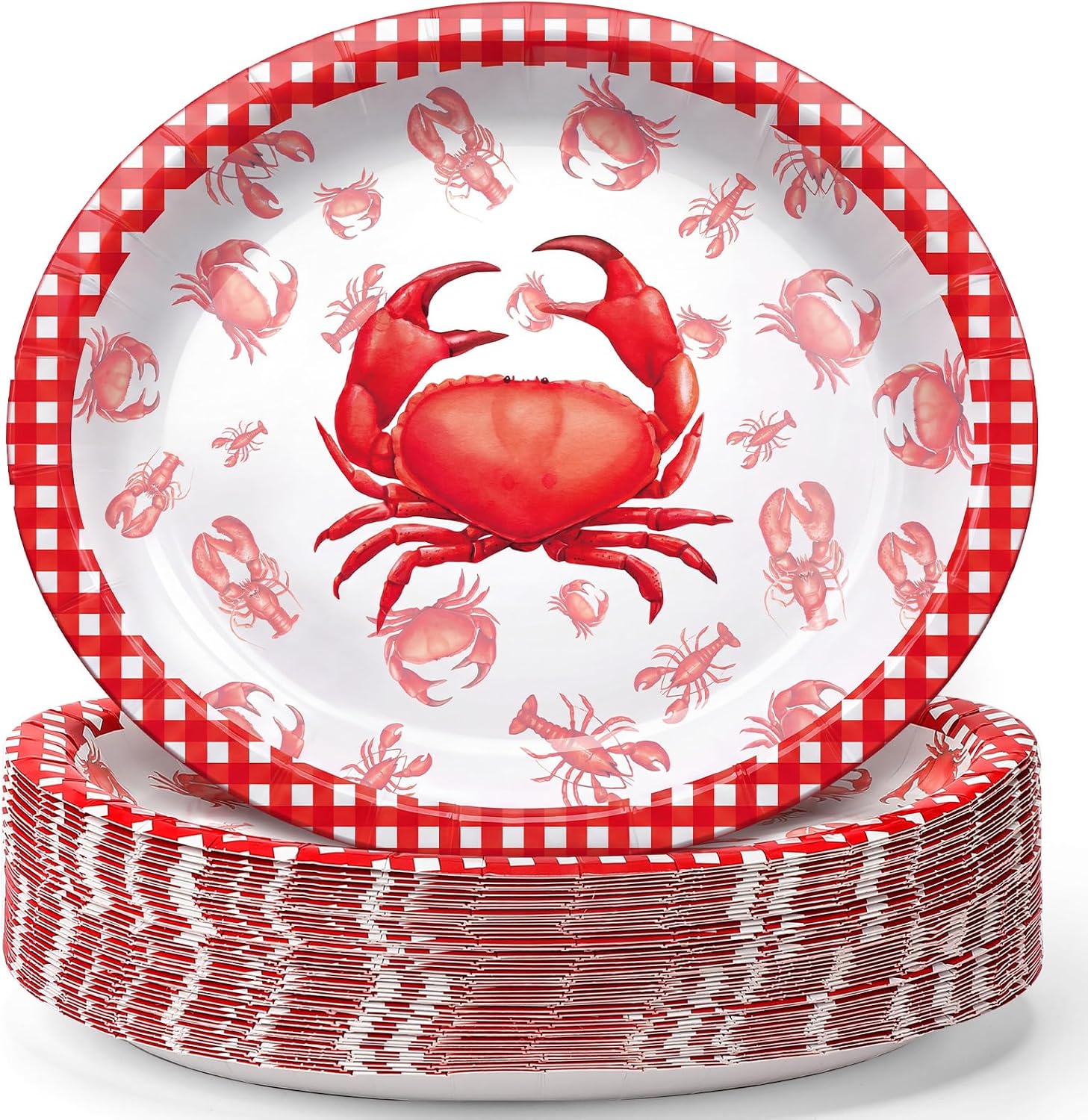 Havawish 50 Pcs Crab Oval Paper Plates 10" X 12" Disposable Red Gingham Crab Party Plates Lobster Tray Summer Seafood Boil Tableware Crawfish Dessert Platters for BBQ Picnic Cookout Decor