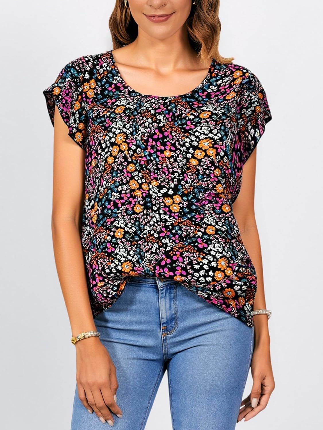 Women's Summer Floral Ruffle Sleeve Tops Boho Crew Neck Dressy Casual T Shirts - Image 4