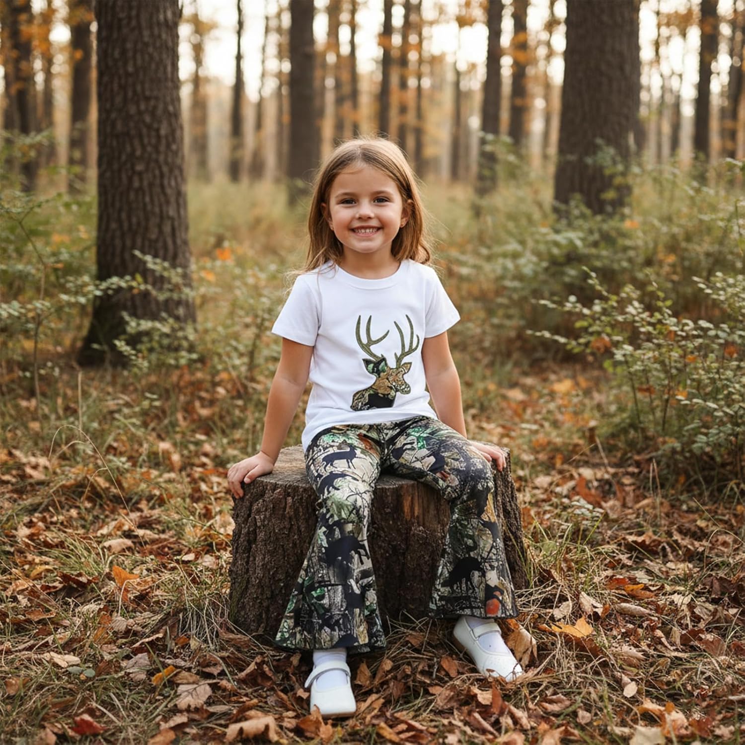 Baby Girl Hunting Clothes Deer Print Short Sleeve T Shirt Jungle Camo Flared Pants Toddler Summer Bell Bottoms Outfit - Image 3