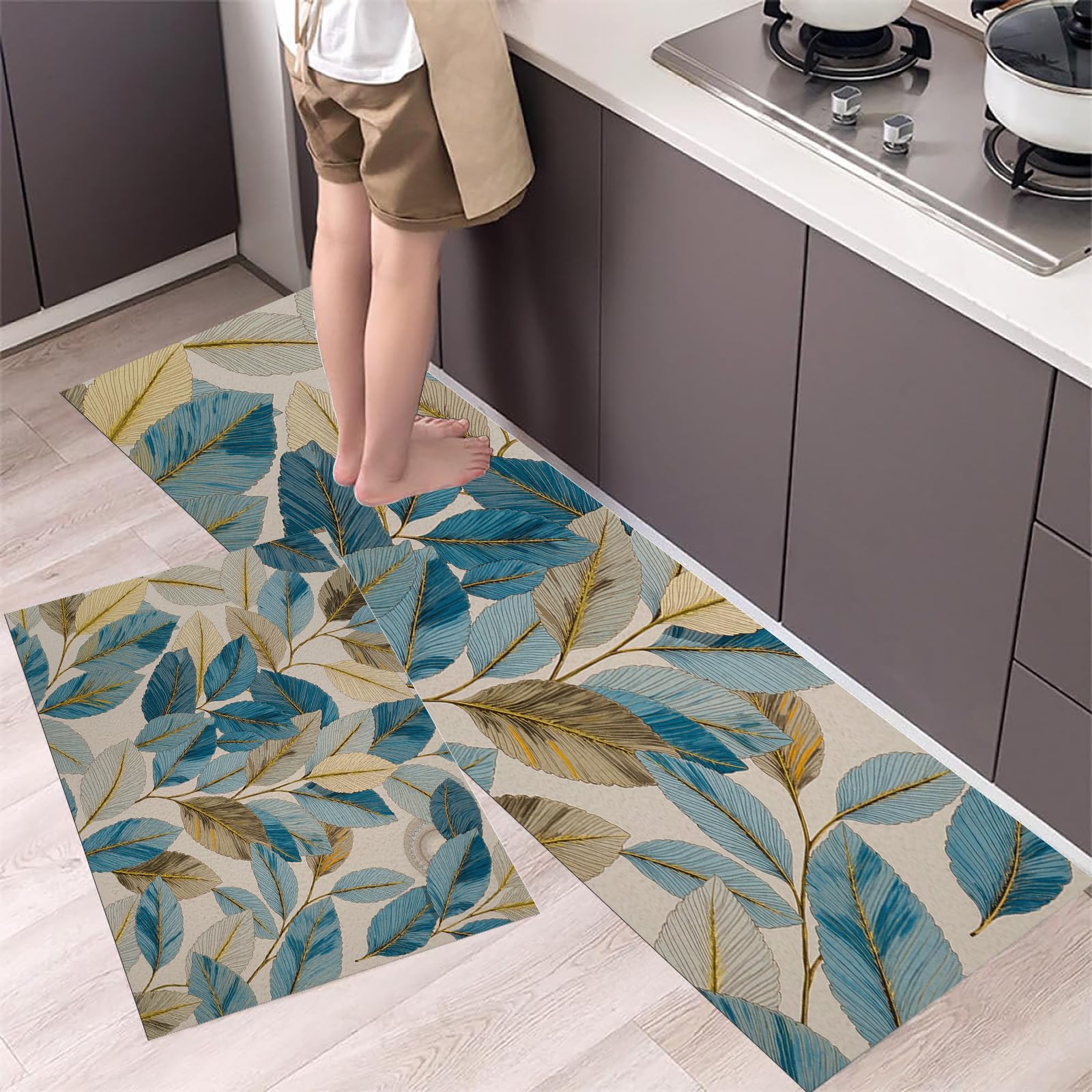 Tapis de cuisine lavable et antidérapant bleu lot de 2