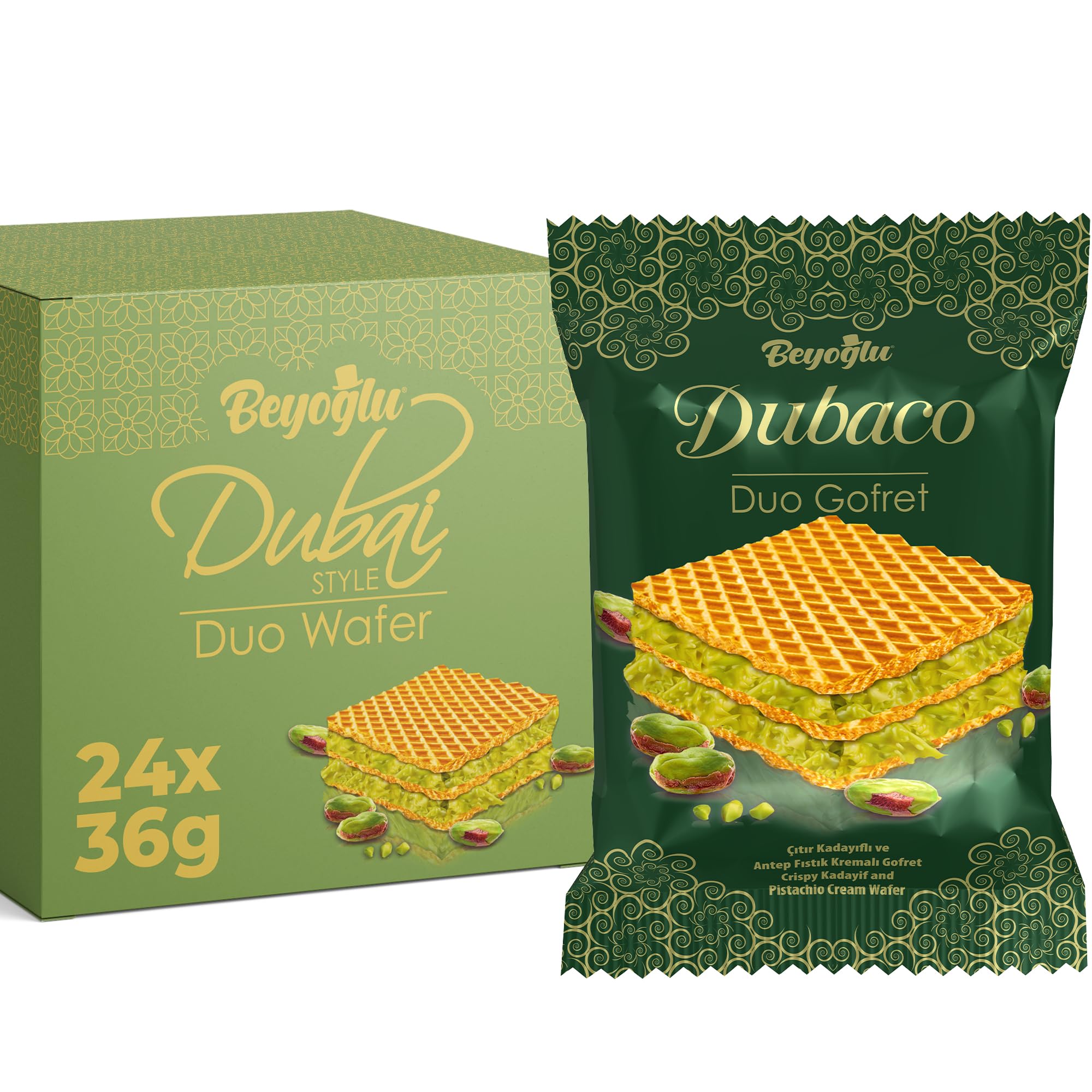 Beyoğlu Dubaco Duo Pistachio Chocolate Wafer Bars (24 x 36g) - Dubai Style Kadayif & Pistachio Chocolate Snack, Crispy Wafer with Creamy Filling
