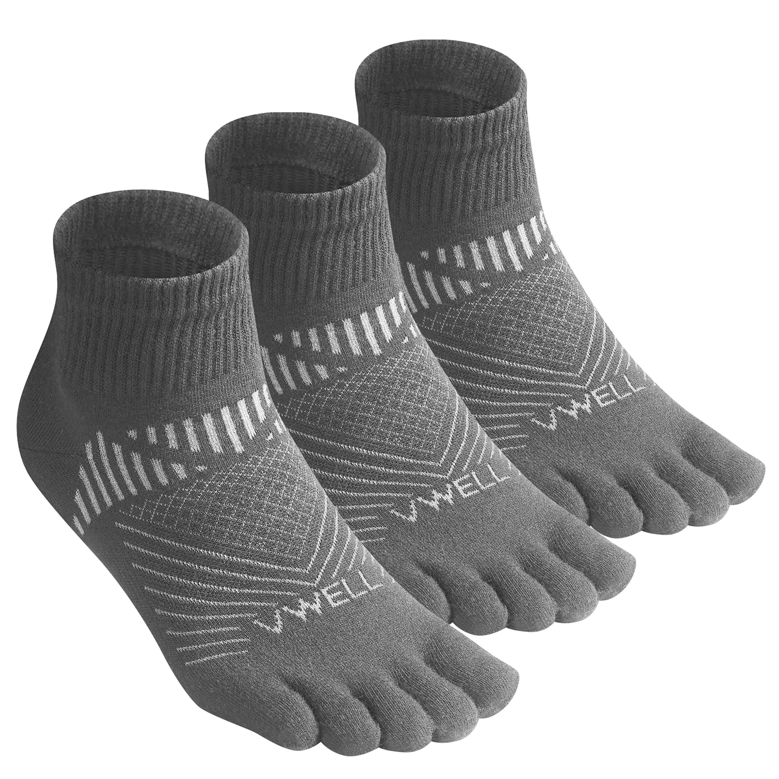 VWELL Toe Socks for Men and Women COOLMAX Five Finger Socks Athletic Running Socks Quarter Ankle Toe Socks (3Pairs), Black Grey, L
