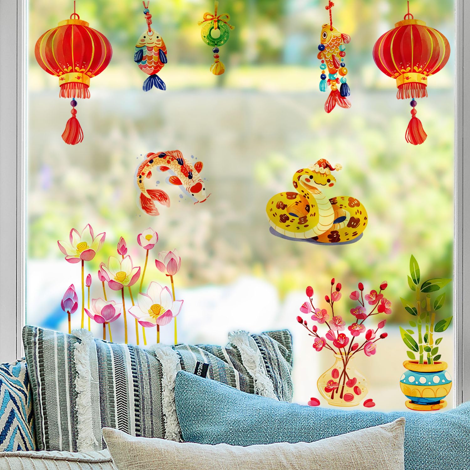 Alwayspon Chinese New Year Decorations, Chinese Lantern and Snake Window Stickers Decals for Spring Festival, Lunar New Year Party Home Office School Decor
