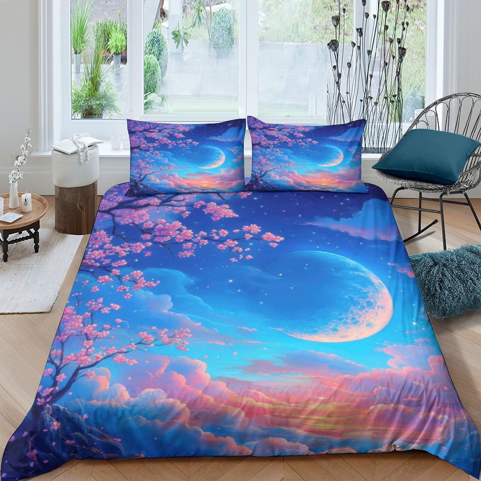 Ctjqhvkz Style-4 3D Printed Moonlit Sakura Fitted Sheet Microfiber Soft Gradient Sky Mattress Cover For Bedroom Guest Room Decor Single（135X200cm）