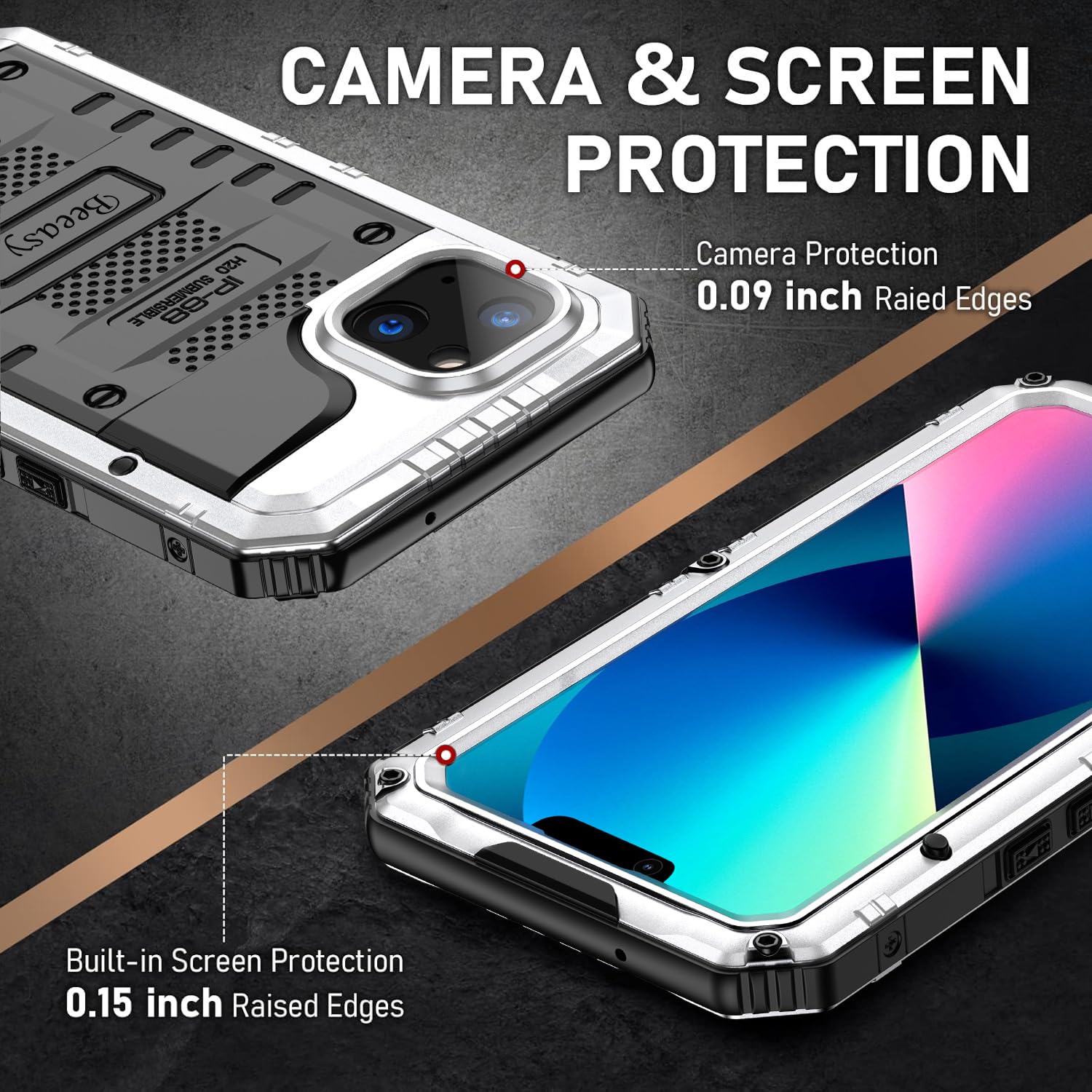 Beeasy Cover per iPhone 13 IP68 Impermeabile Custodia Militare Antiurto Resistente 360° Metallo Armor Protezione Schermo Integrata Rugged Robusta Indistruttibile Subacquea Antipolvere Argento