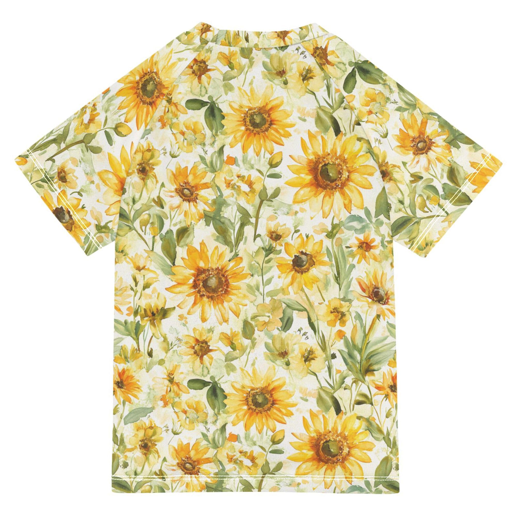 Sunflower Summer Gloden Girls Bathing Suit UV Protection Rashguard Girls Swimwears Athletic Tops for Youth Boys 11-12Y