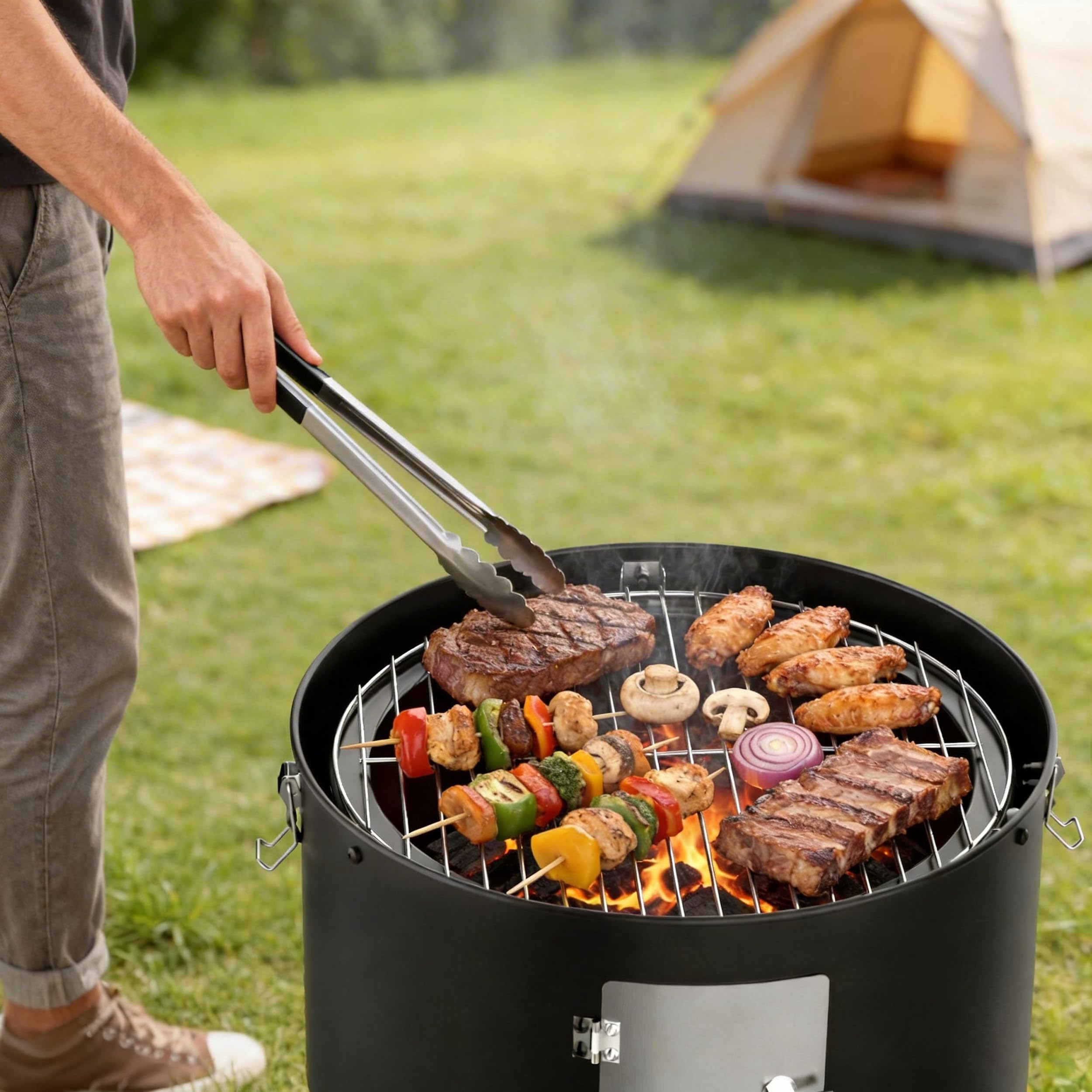 Barbecue Fumoir 3 en 1, Smoker Fumoir au Charbon pour Fumoir Viande et Poisson, Version A Froid avec Thermomètre et Évacuation d'Air Réglable, Barbecue charbon 2 Grilles Inox