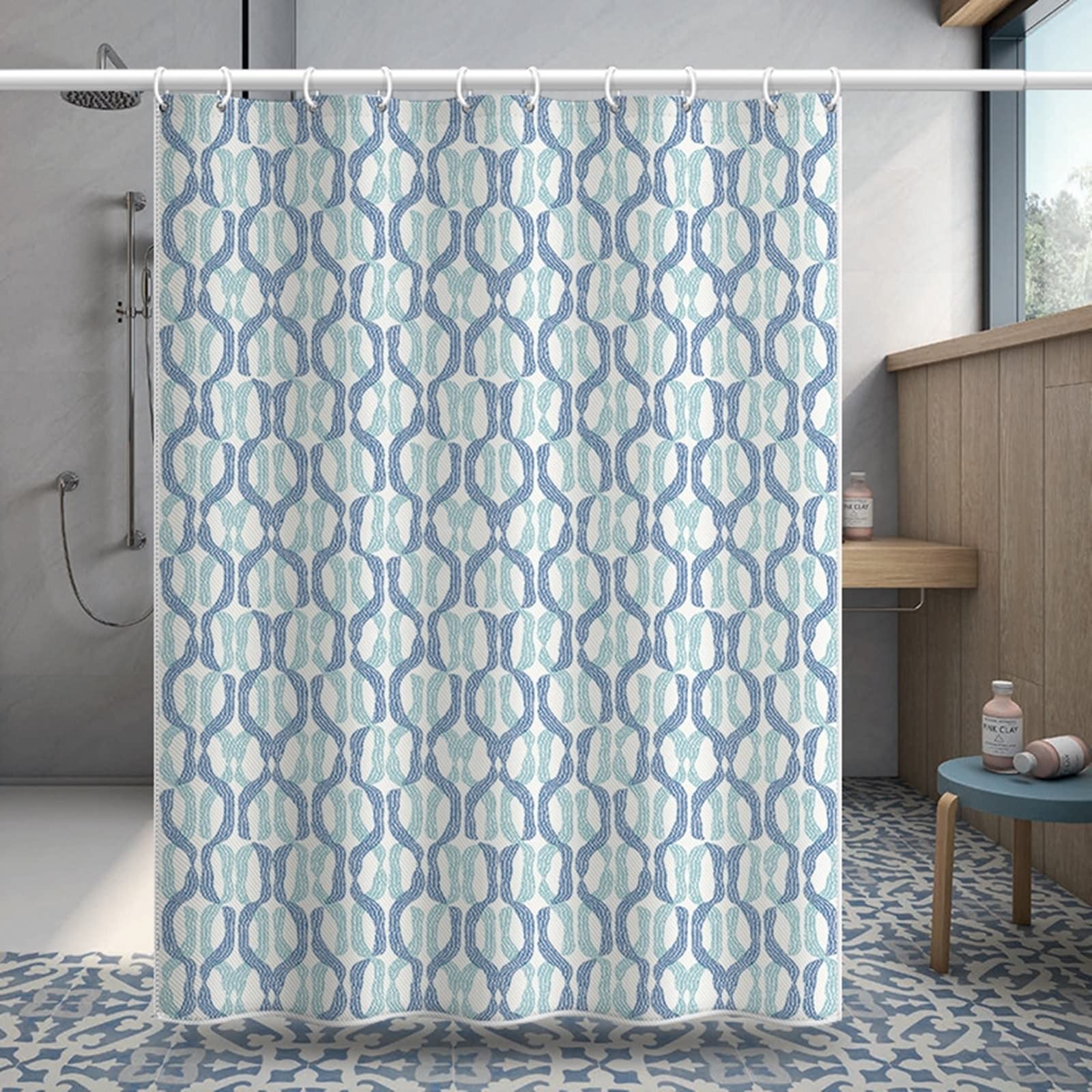 Tenda Doccia 150 x 180, Poliestere Blu Verde Modello geometrico Tenda doccia in tessuto per bagno