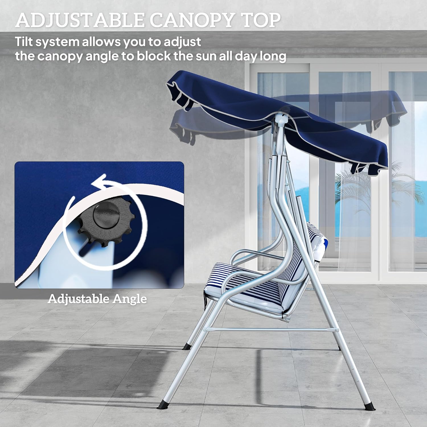 Outsunny 3-Person Porch Swing with Canopy, Patio Swing Chair, Outdoor Canopy Swing Bench with Adjustable Shade, Cushion and Steel Frame, Dark Blue & White Striped