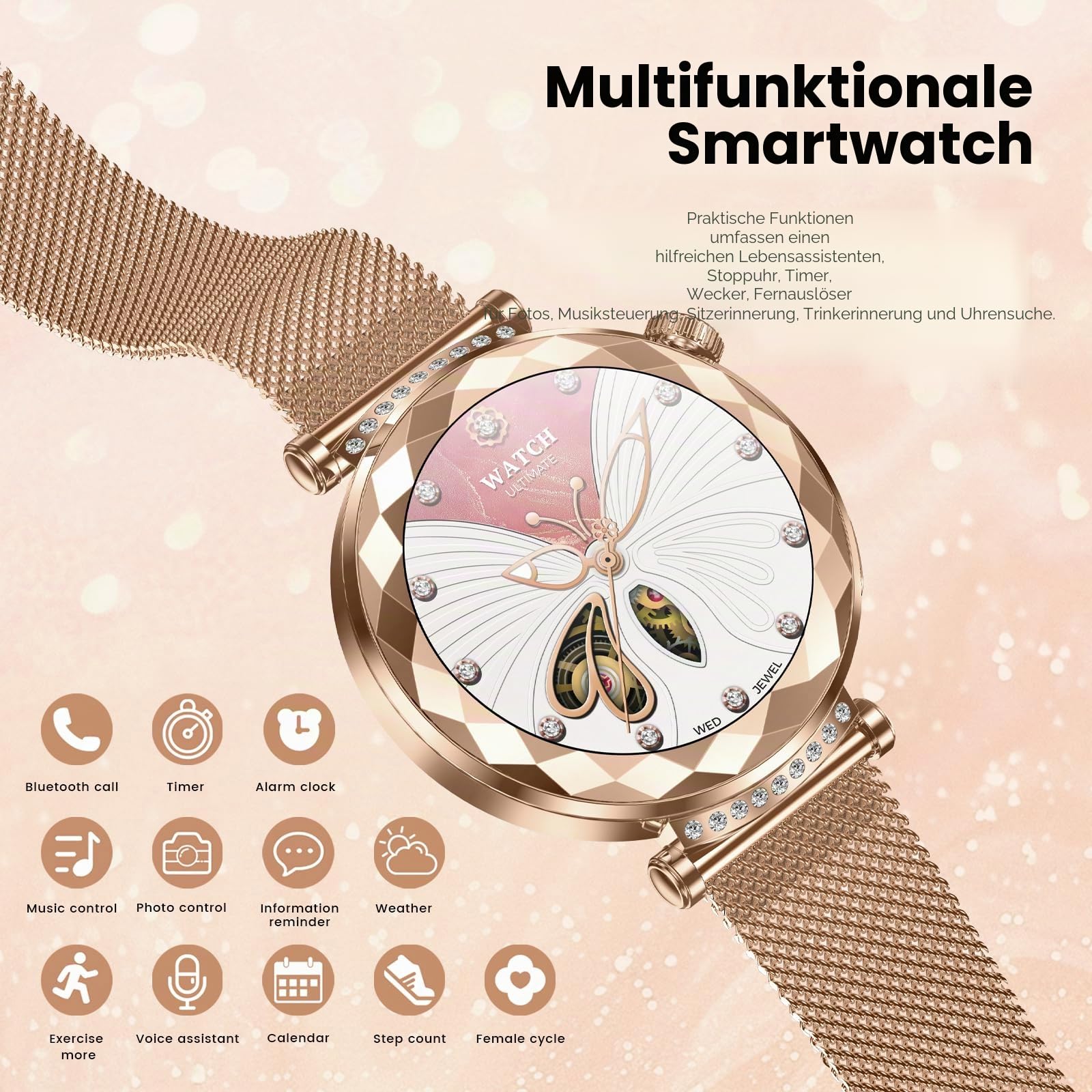 Smartwatch Damen, AURORA Ultradünn 1.19" Touchscreen - Bluetooth Anrufe, 200mAh 100+ Sportmodi, SpO2, Pulsuhr, Schlafmonitor, Schrittzähler, IP68, Kompatibel Sportuhr Damenuhr mit Android/iOS