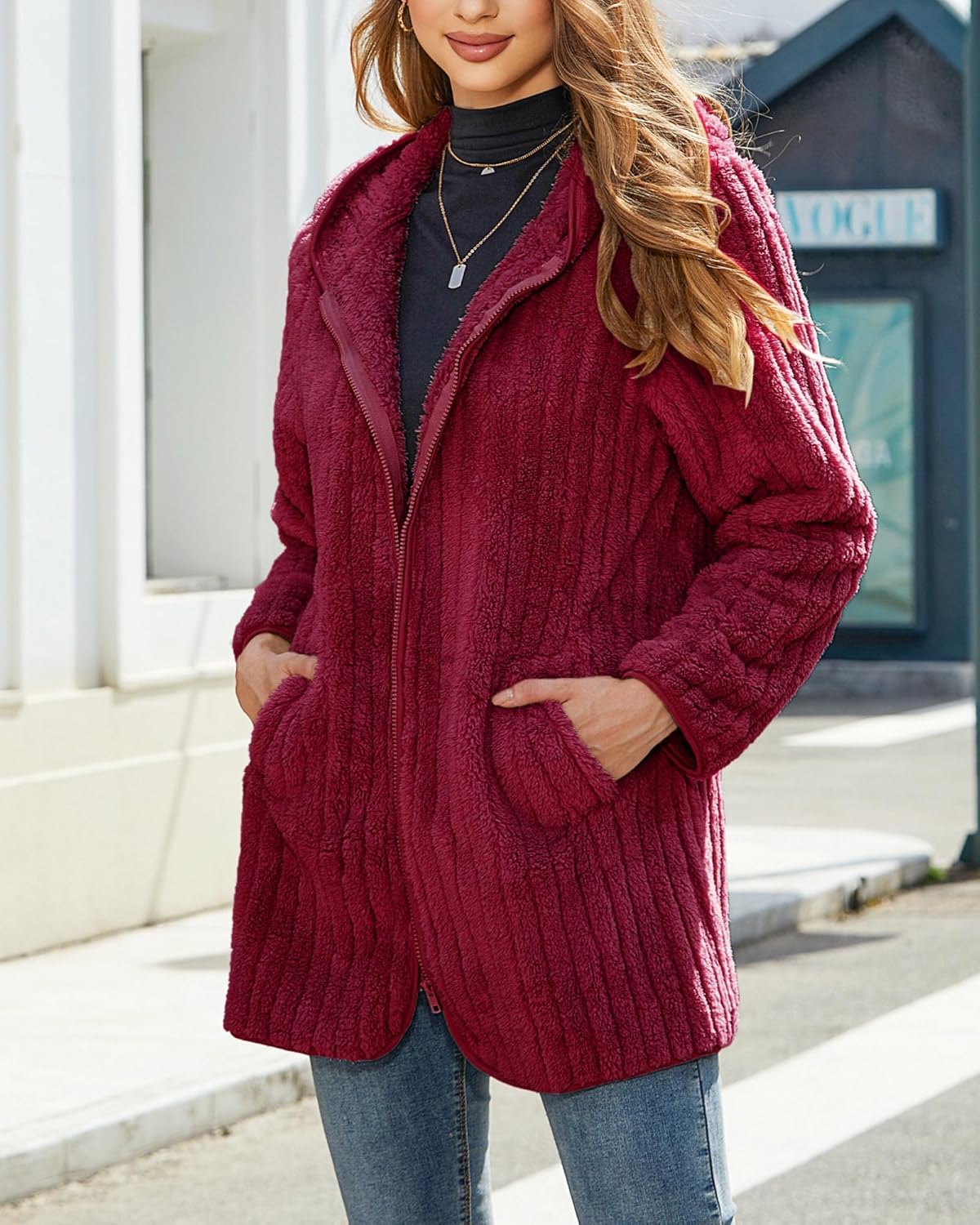 Vipwest Womens Fleece Jacket Hooded Winter Warm Full Zip Long Sleeve Sherpa Jacket Coat Outerwear with Hood (S-5XL)