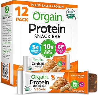 Orgain Organic Peanut Butter Vegan Protein Bars - 10g Plant-Based Protein, 150 Cal, Gluten-Free, Non-GMO Snacks, 12 Pack