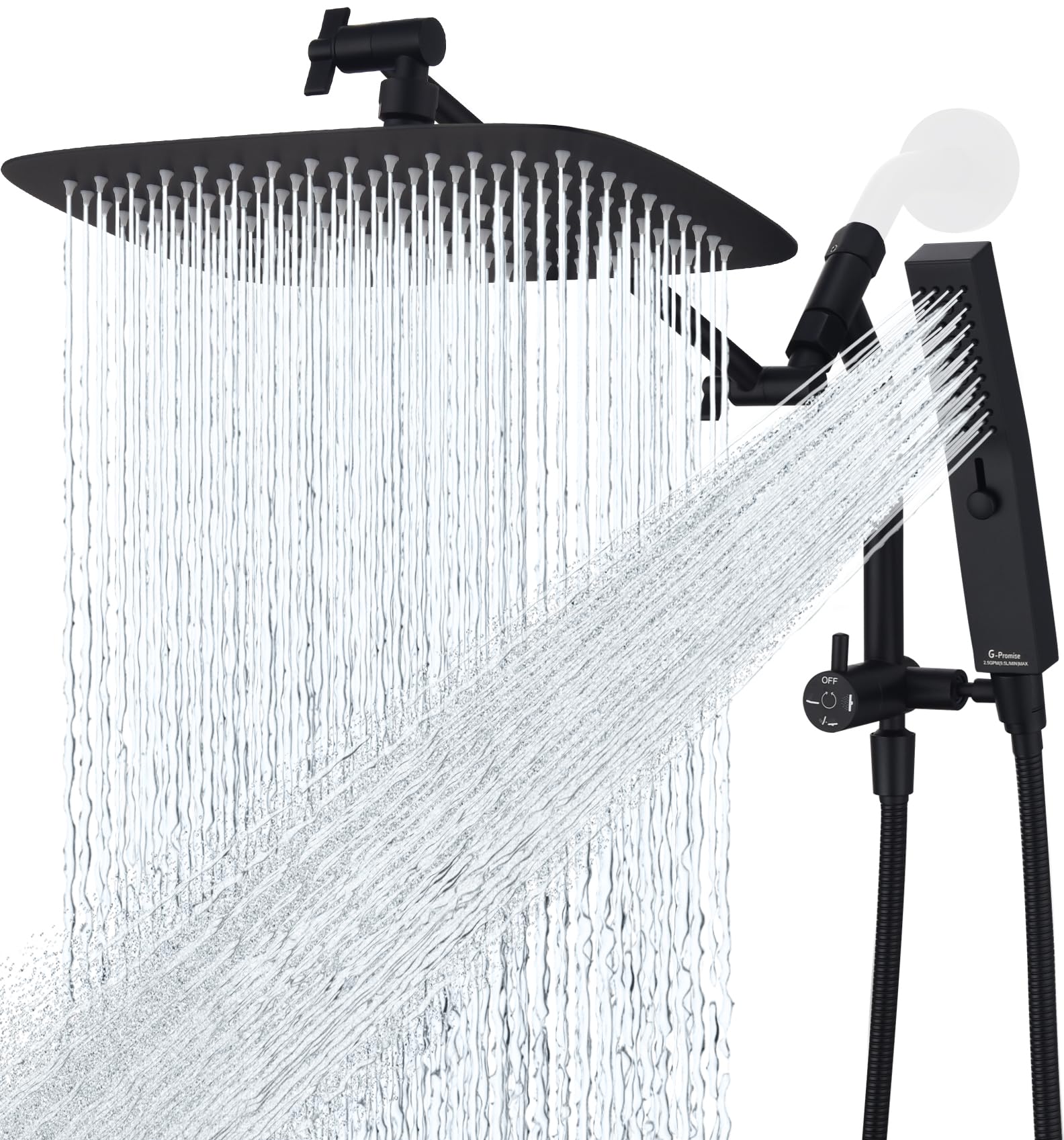 G-Promise All Metal 12 Inch Shower Head with Massage Mode Handheld, Rain Shower Head with Handheld Spray Combo, 3-Way Diverter with Pause Setting, 12 Inch Adjustable Extension Arm (Matte Black)