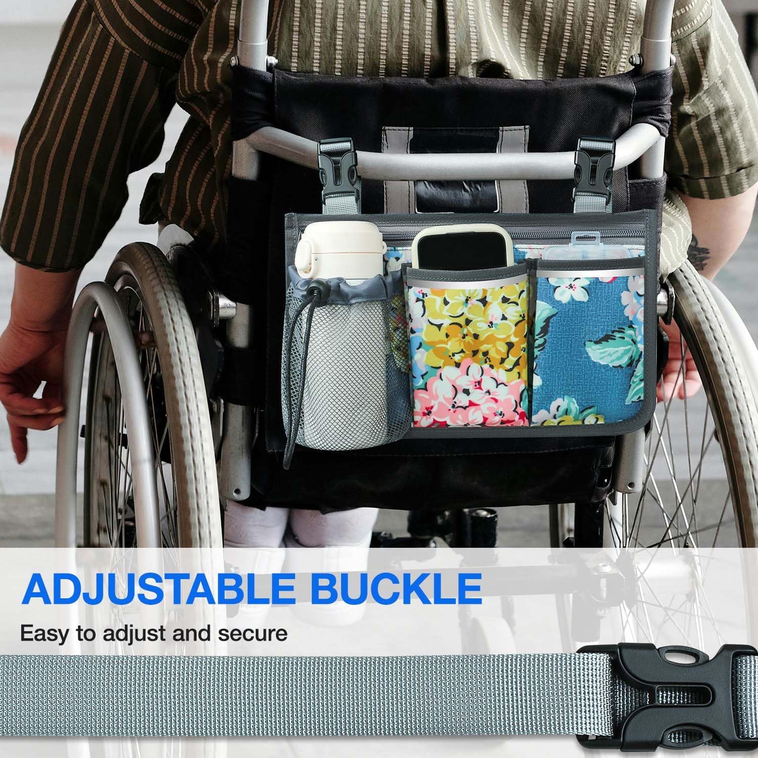 Wheelchair Bag, Walker Bag, Wheelchair Side Bag, Armrest Organizer Pouch with Cup Holder Attachment and Reflective Strip, Accessories for Most Wheelchairs, Walker, Rollators, Blue Flowers - Image 6