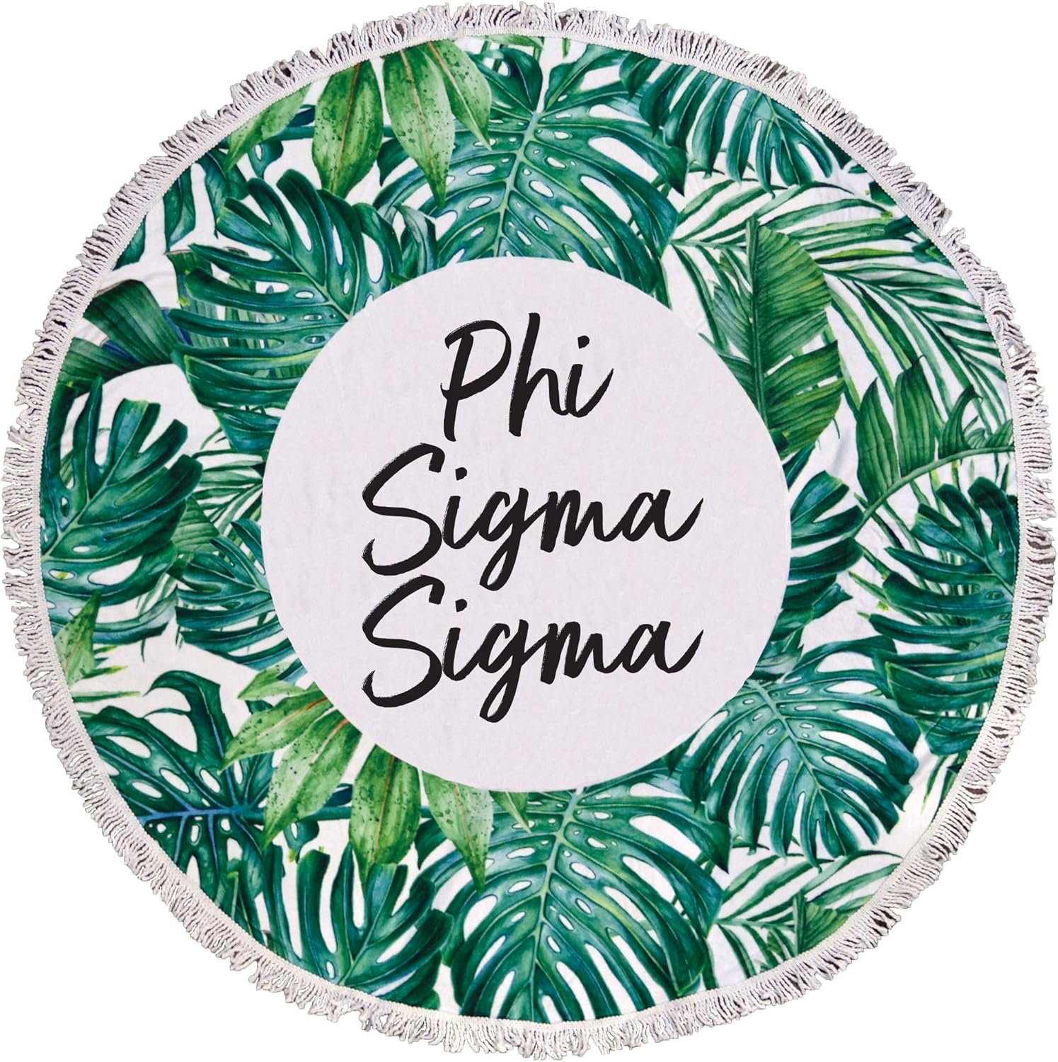 Sorority Shop Phi Sigma Sigma Palm Design Round Beach Towel with Fringes - 60", Round Beach Blanket, Soft Microfiber, Lightweight and Durable PSS Beach Towel Blanket, Water Absorption, Quick Dry