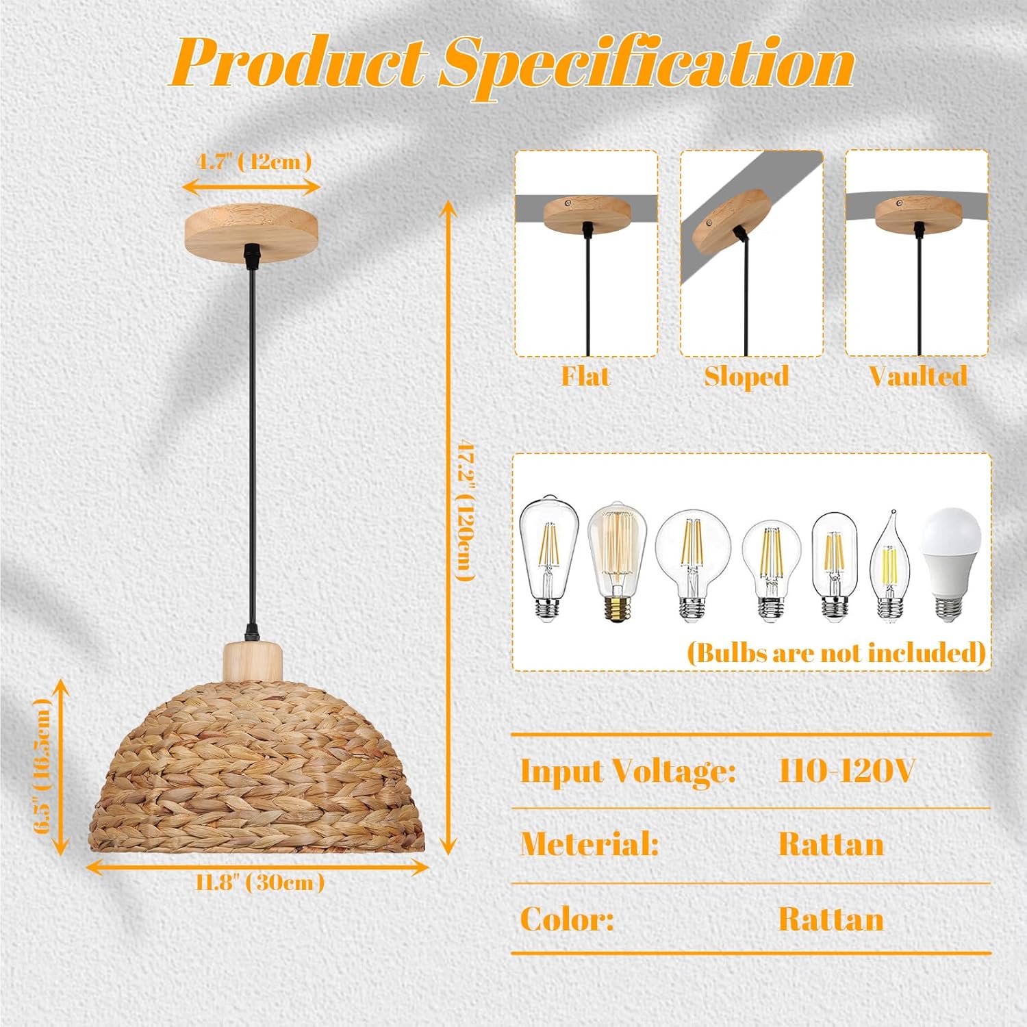 Boho Rattan Pendant Light 11.8" Hand Woven Wicker Hanging Lighting Fixture Farmhouse Ceiling Coastal Basket Hanging Lamp for Bedroom Kitchen Island, Living Dining Room - 2 Pack