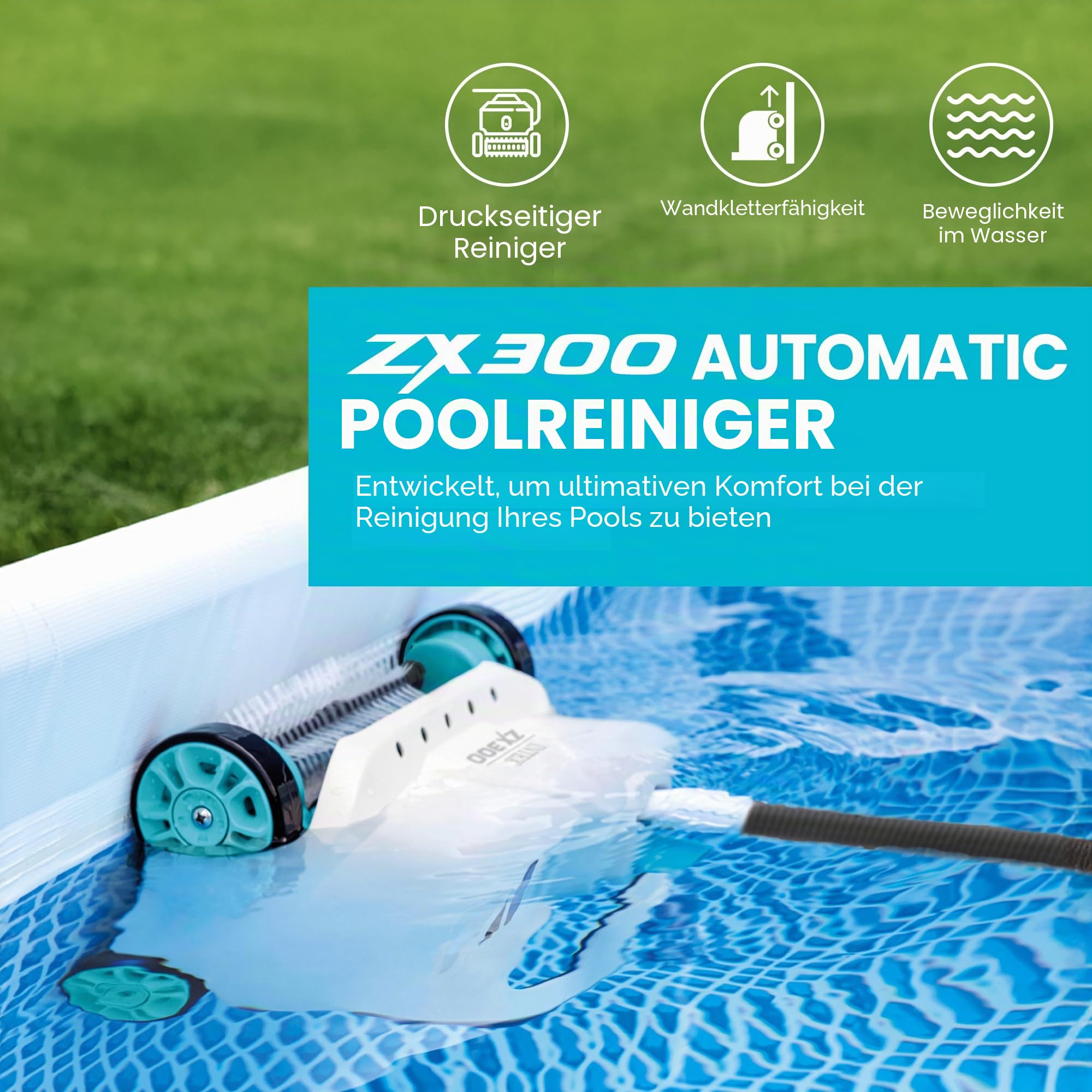 Intex Deluxe Druckseitiger automatischer Poolreiniger für größere Pools – reinigt Poolböden und Wände – entfernt Schmutz – abnehmbare Filterwanne – 6,4 m Langer verhedderungsfreier Schlauch