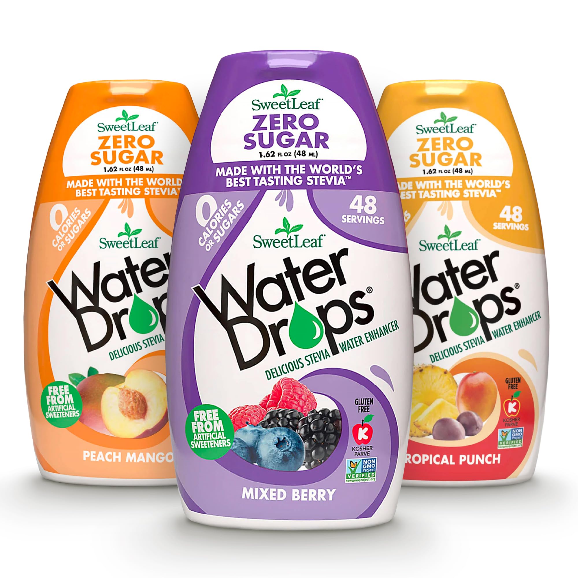 Sweetleaf Stevia Natural Water Drops Variety Pack (Mixed Berry, Peach Mango, Tropical Punch) - Water Flavoring, Zero Calories, Zero Sugar, Non-GMO, Gluten-Free, Keto Friendly - 1.62 Fl Oz, Pack of 3