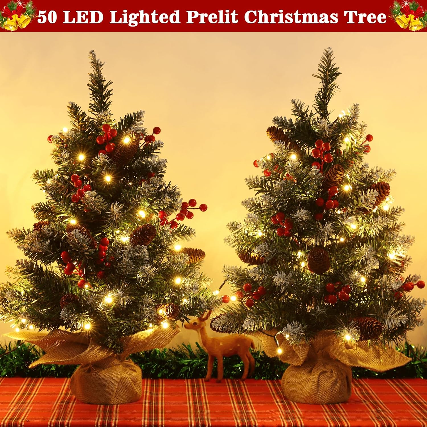 2 Pack 24 Inch Snow Flocked Christmas Tree Decor with 50 Warm Lights Timer Battery Operated Red Berries Pine Cones for Tabletop Christmas Decorations Home Indoor