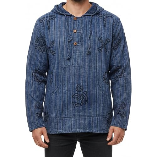Shopoholic Fashion Mens Handmade Stonewashed Boho Hooded Shirt | Wooden Buttons & Front Pocket, Ethical Cotton Festival Shirt