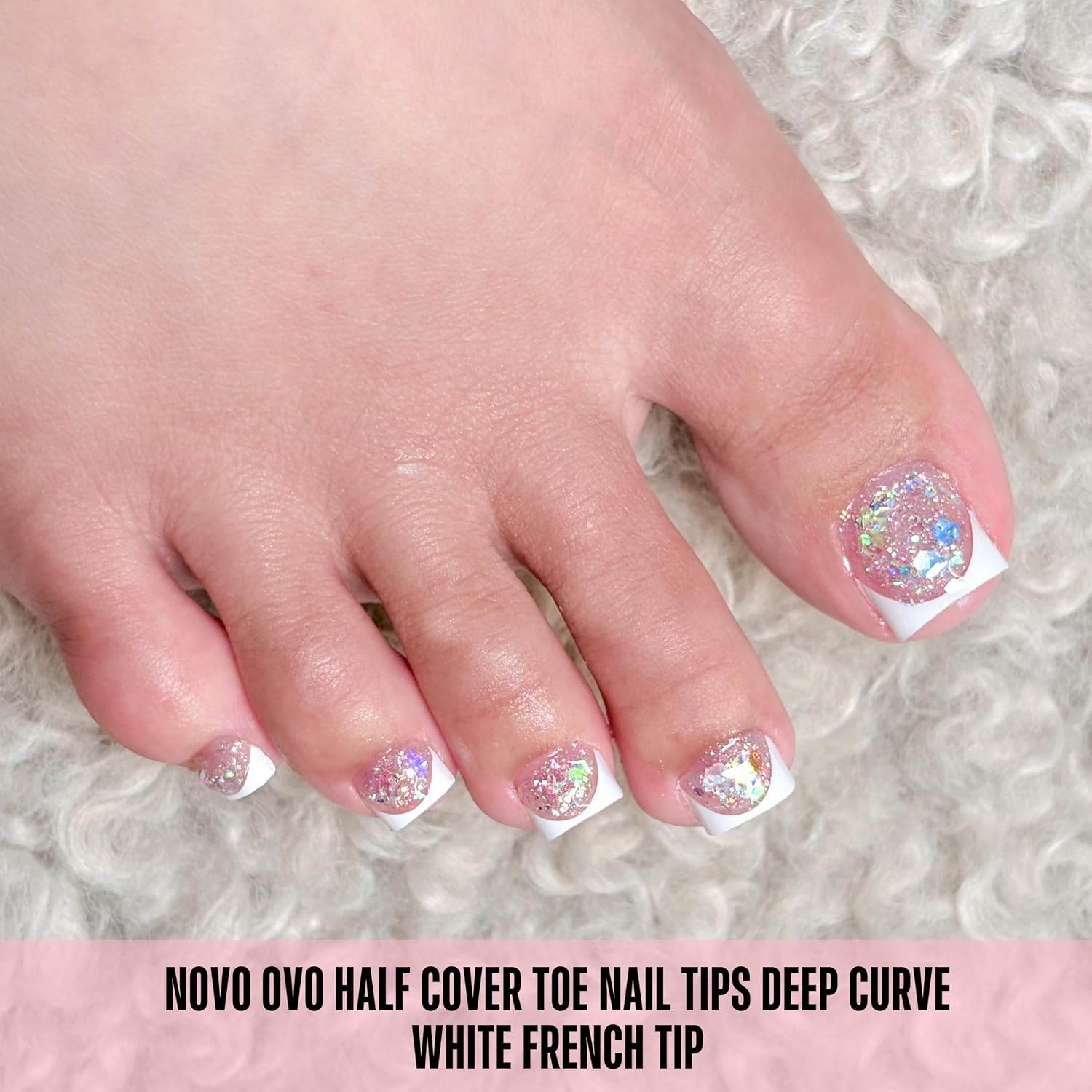 NOVO OVO Half Cover Toe Nail Tips Deep Curve White French, Clear Soft Gel with Auxiliary Line for Fake Toenail Extension, Sharp Square Medium Wide for Women Men Acrylic Pedicure, 15 Sizes 240 Pcs