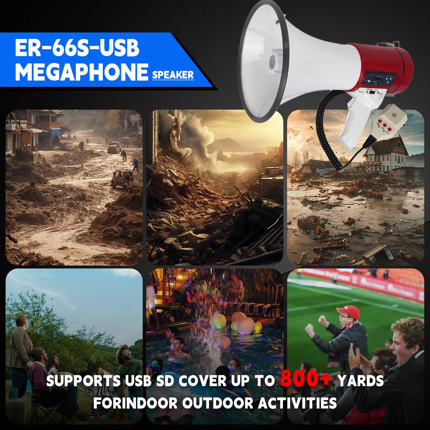 B S Megafon Bullhorn 50 W z syreną, 1200 jardów z mikrofonem, przenośny pasek, nagrywanie 240 sekund, wejście USB/SD/AUX na imprezy plenerowe, zarządzanie tłumem, sytuacje awaryjne i policję