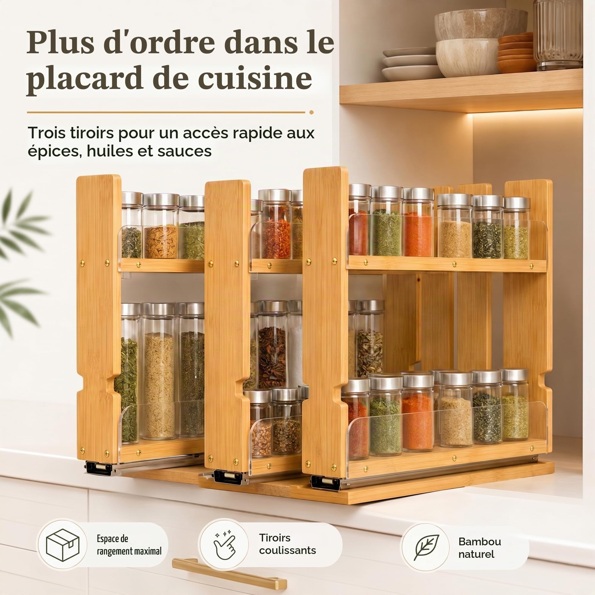 Étagère à épices extensible en bambou pour armoire de cuisine, 2 niveaux, 3 tiroirs, peu encombrant, robuste, pour épices, bois naturel