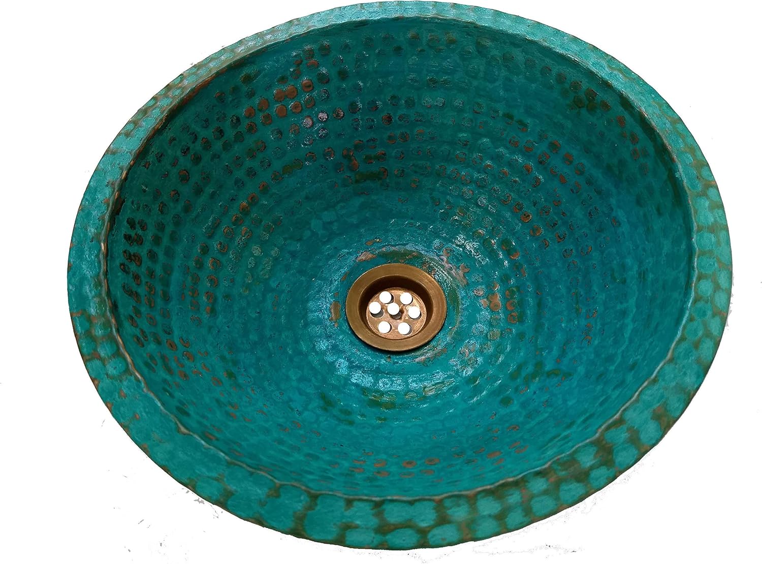 Copper Bathroom Sink Compact Small Size Rustic Antique Green Patina Under Over Mount Vessel Wash Basin Old House Style + Built in Bottom Ring Hand Hammered Washbowl Washbasin